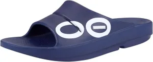 OOFOS OOahh Sport Slide Sandal, Navy White - Men’s Size 10, Women’s Size 12 - Lightweight Recovery Footwear - Reduces Stress on Feet, Joints & Back - Machine Washable - Hand-Painted Graphics