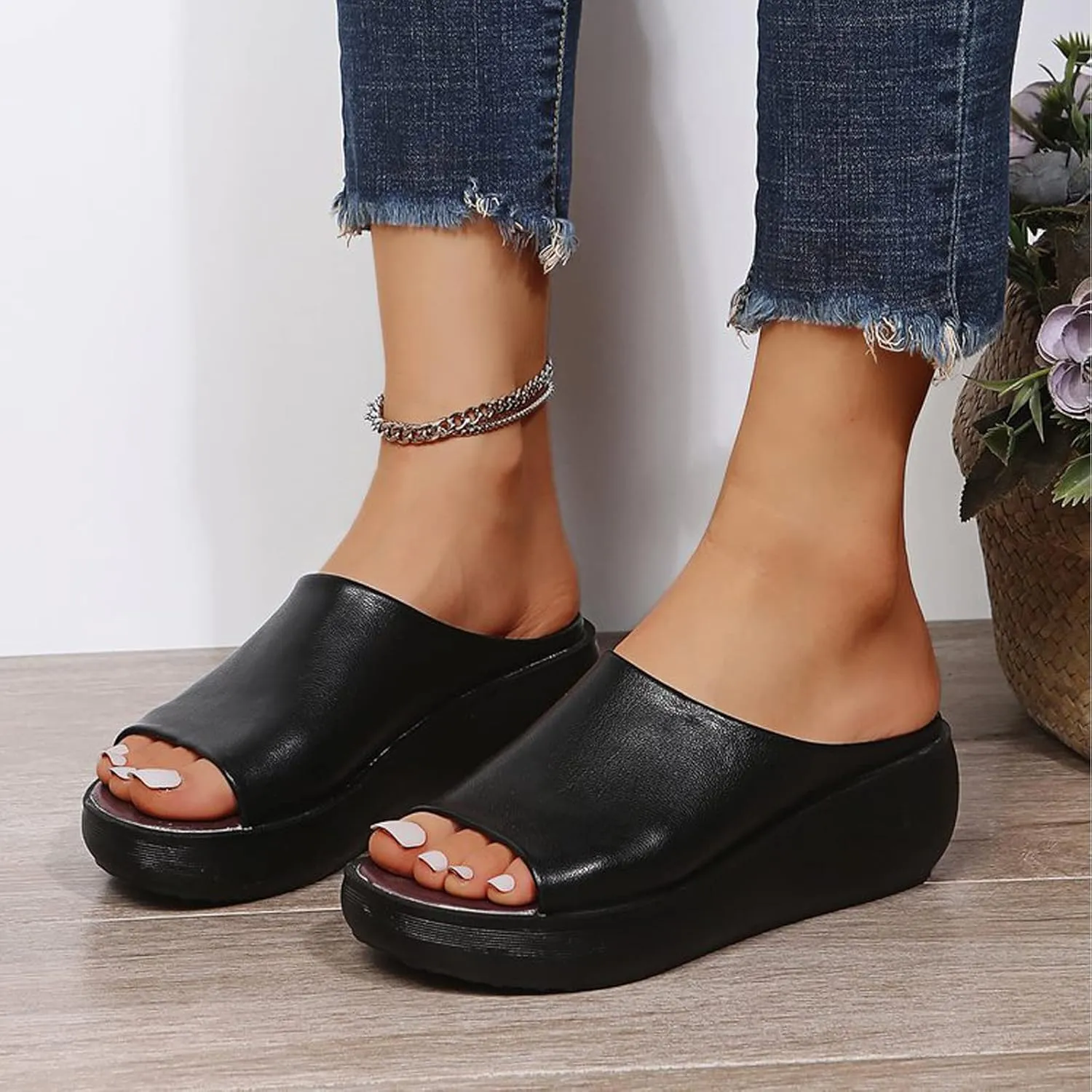 ORNVEION Women's Slip-On Platform Wedge High Heel Sandals,Comfortable and Soft Fashion Open Toe Slippers, Casual Outdoor Shoes