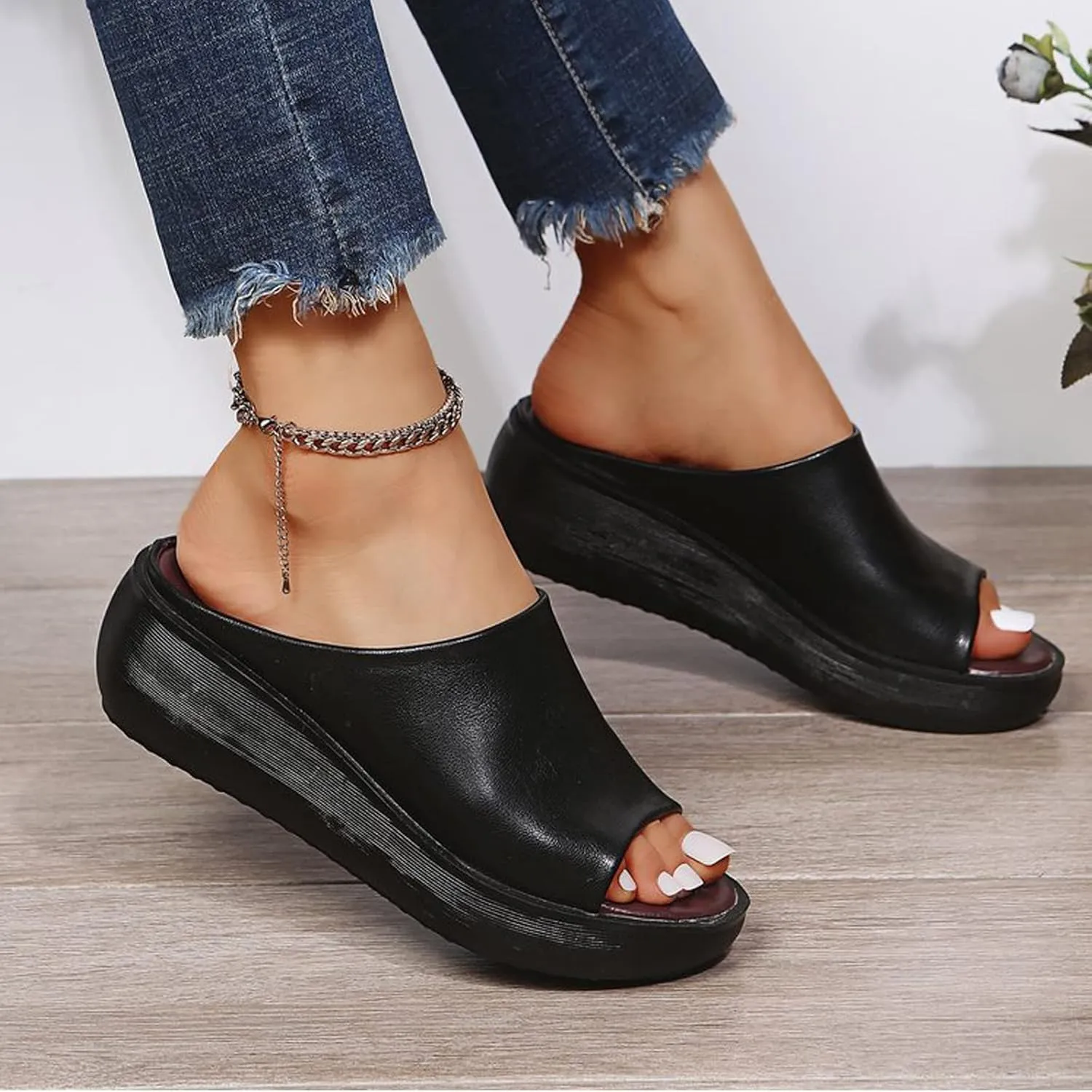 ORNVEION Women's Slip-On Platform Wedge High Heel Sandals,Comfortable and Soft Fashion Open Toe Slippers, Casual Outdoor Shoes
