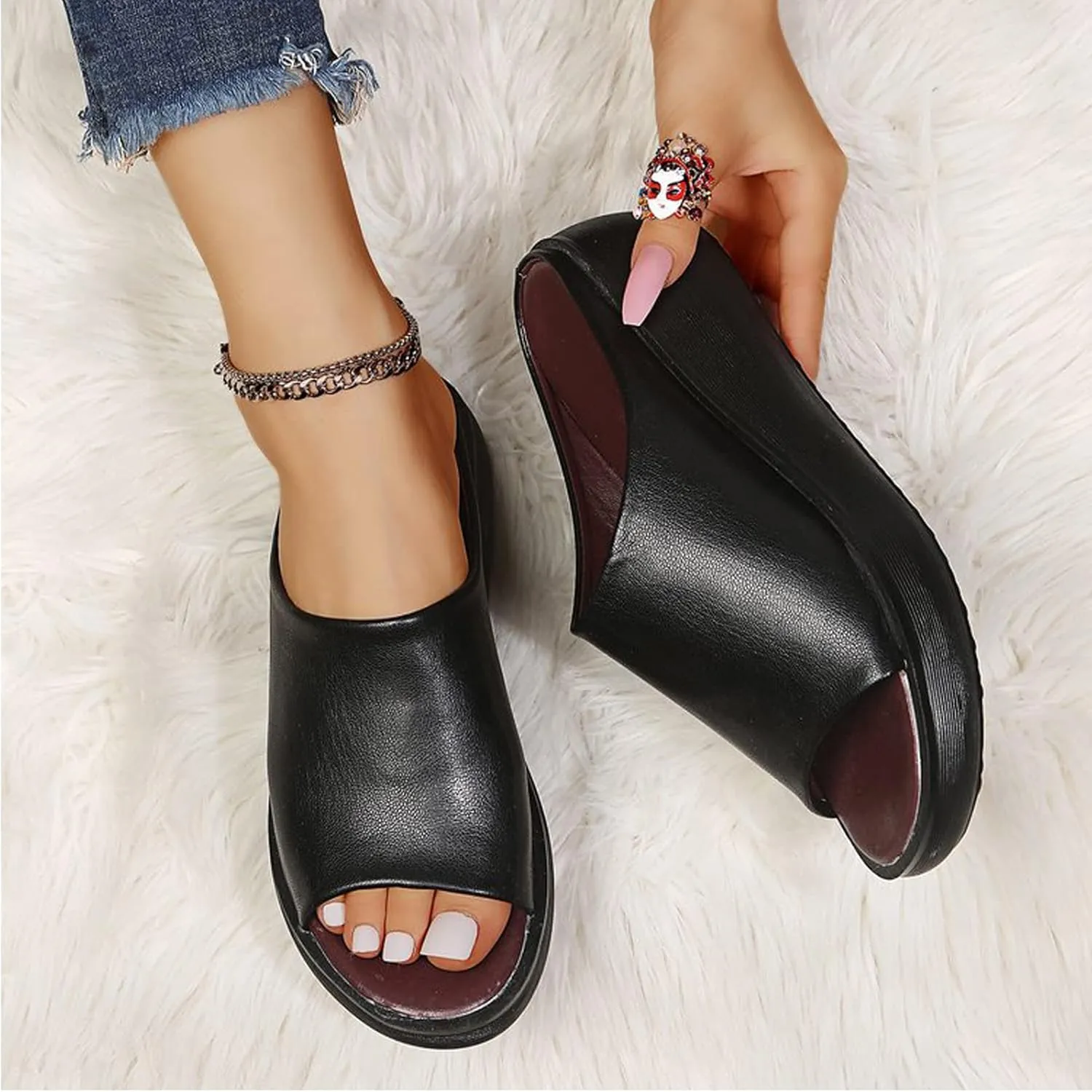 ORNVEION Women's Slip-On Platform Wedge High Heel Sandals,Comfortable and Soft Fashion Open Toe Slippers, Casual Outdoor Shoes
