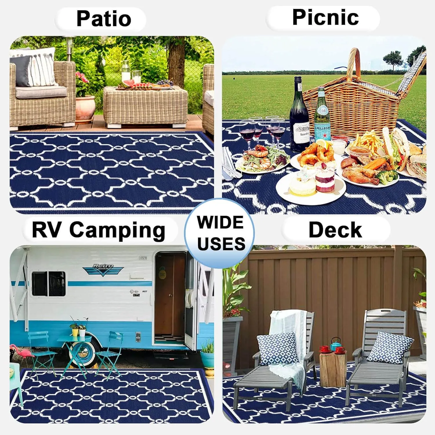 OutdoorLines Outdoor Reversible Rugs for Patio 4x6 ft - Outside Plastic Carpet, Stain & UV Resistant Portable RV Mat, Straw Rug for Camping, Backyard, Deck, Picnic, Porch Moroccan Navy & White