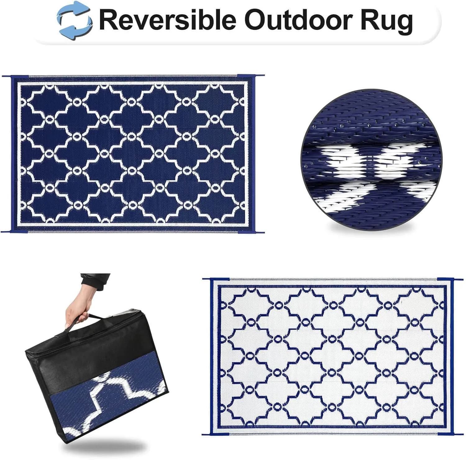 OutdoorLines Outdoor Reversible Rugs for Patio 4x6 ft - Outside Plastic Carpet, Stain & UV Resistant Portable RV Mat, Straw Rug for Camping, Backyard, Deck, Picnic, Porch Moroccan Navy & White