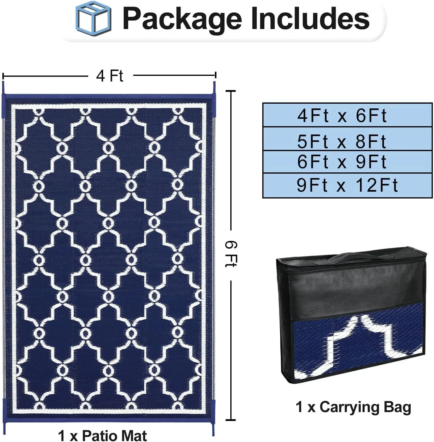 OutdoorLines Outdoor Reversible Rugs for Patio 4x6 ft - Outside Plastic Carpet, Stain & UV Resistant Portable RV Mat, Straw Rug for Camping, Backyard, Deck, Picnic, Porch Moroccan Navy & White