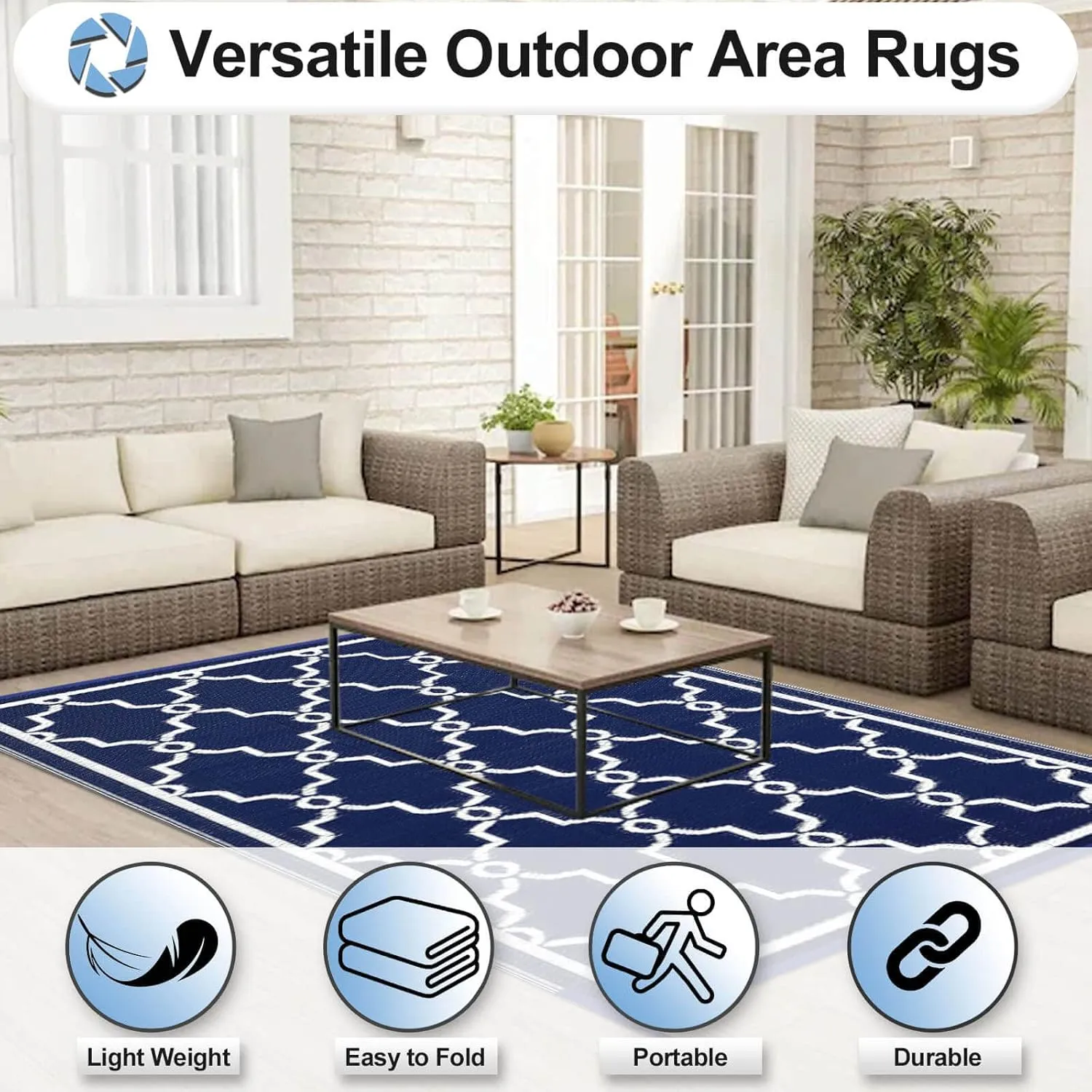 OutdoorLines Outdoor Reversible Rugs for Patio 4x6 ft - Outside Plastic Carpet, Stain & UV Resistant Portable RV Mat, Straw Rug for Camping, Backyard, Deck, Picnic, Porch Moroccan Navy & White