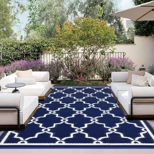 OutdoorLines Outdoor Reversible Rugs for Patio 4x6 ft - Outside Plastic Carpet, Stain & UV Resistant Portable RV Mat, Straw Rug for Camping, Backyard, Deck, Picnic, Porch Moroccan Navy & White