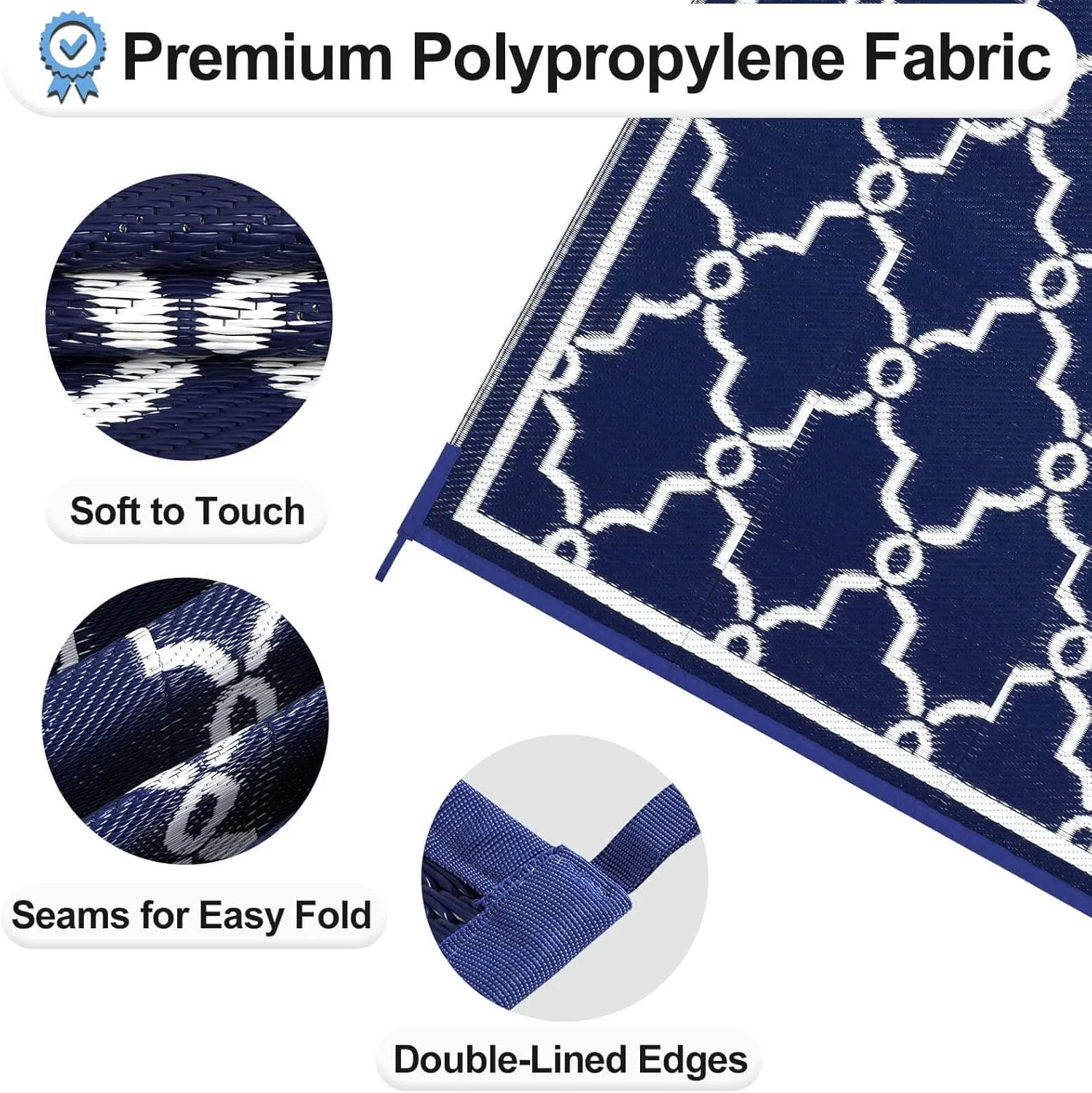 OutdoorLines Outdoor Reversible Rugs for Patio 4x6 ft - Outside Plastic Carpet, Stain & UV Resistant Portable RV Mat, Straw Rug for Camping, Backyard, Deck, Picnic, Porch Moroccan Navy & White