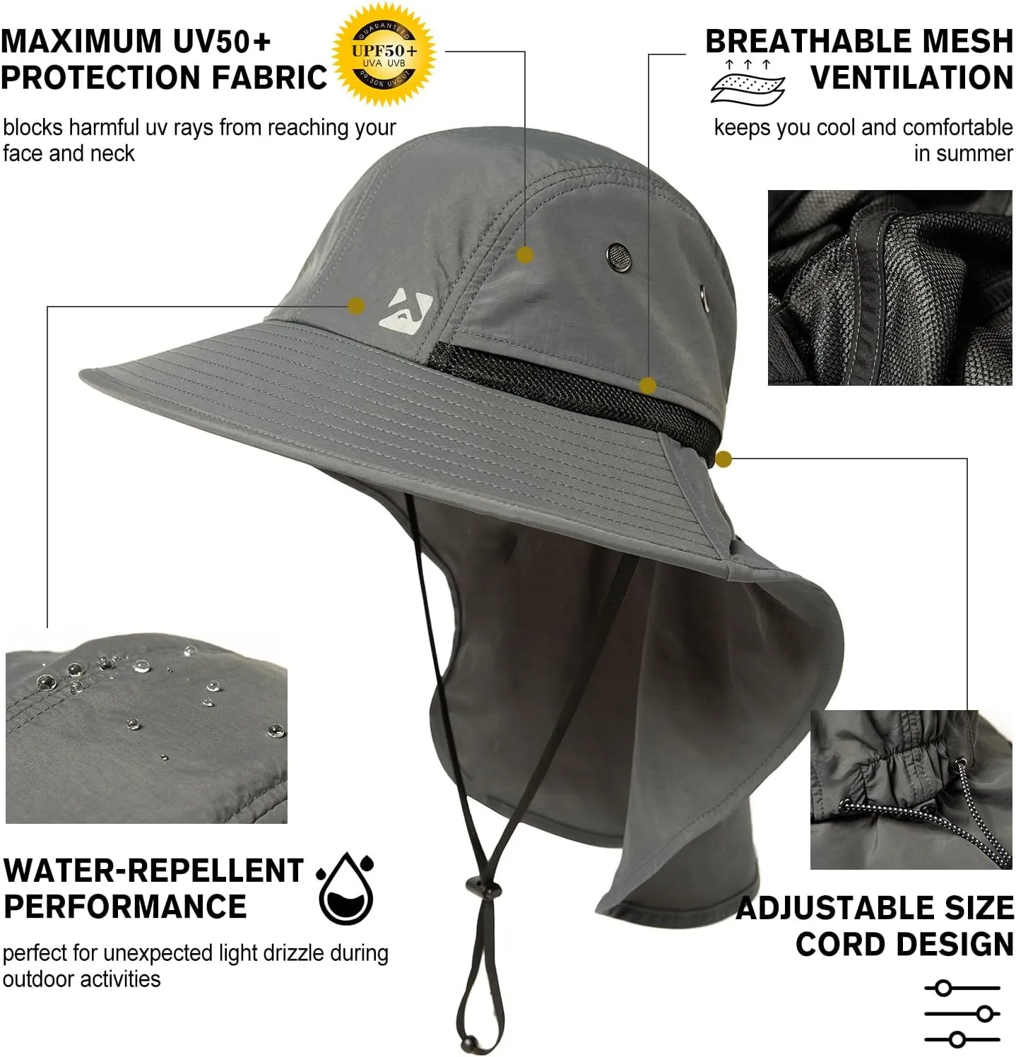 Oversized XL XXL Mens Sun Hat Big Head Neck Flap Shade Waterproof UPF50  Wide Brim Hat Fishing Safari Hiking