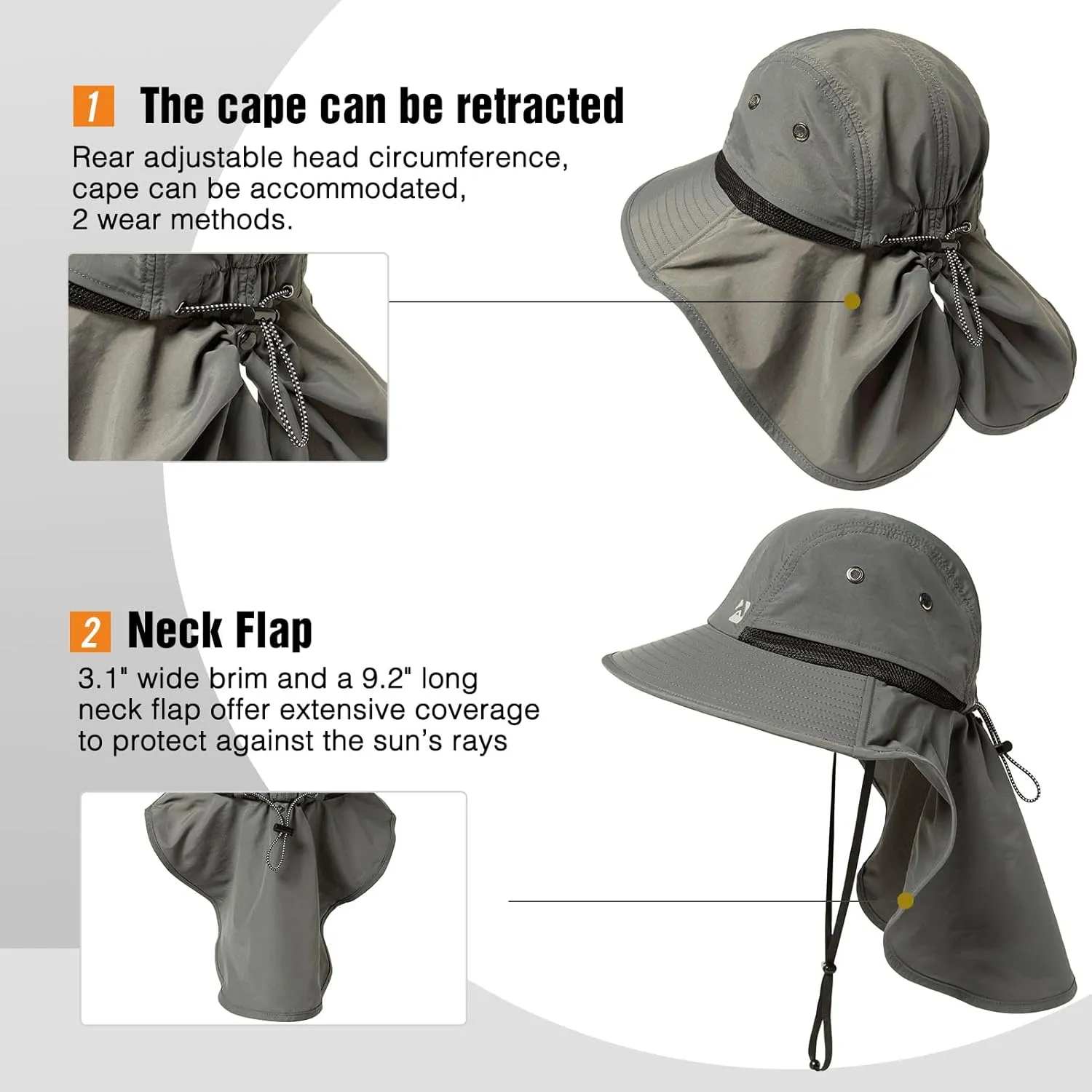 Oversized XL XXL Mens Sun Hat Big Head Neck Flap Shade Waterproof UPF50  Wide Brim Hat Fishing Safari Hiking