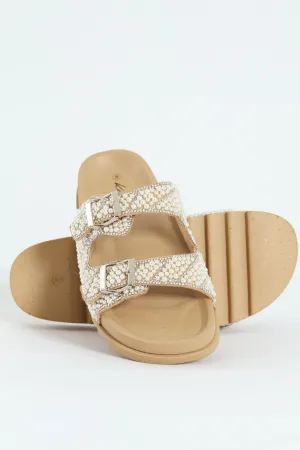 Pearl Encrusted Buckled Mule Sandal - Natural