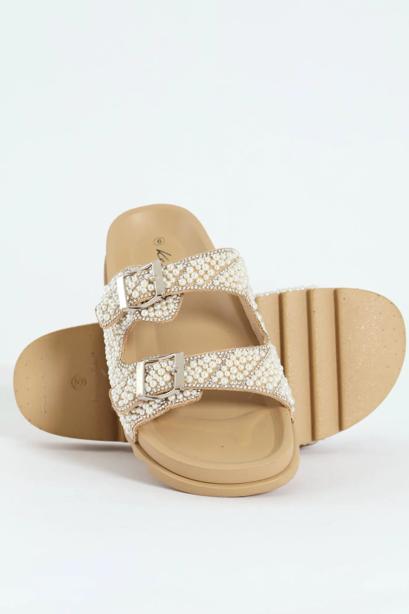 Pearl Encrusted Buckled Mule Sandal - Natural