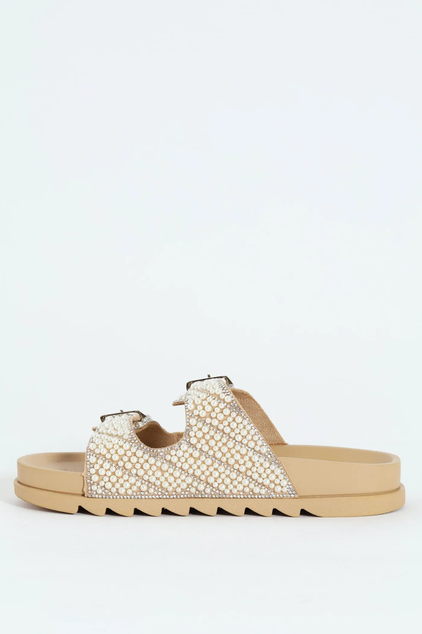 Pearl Encrusted Buckled Mule Sandal - Natural
