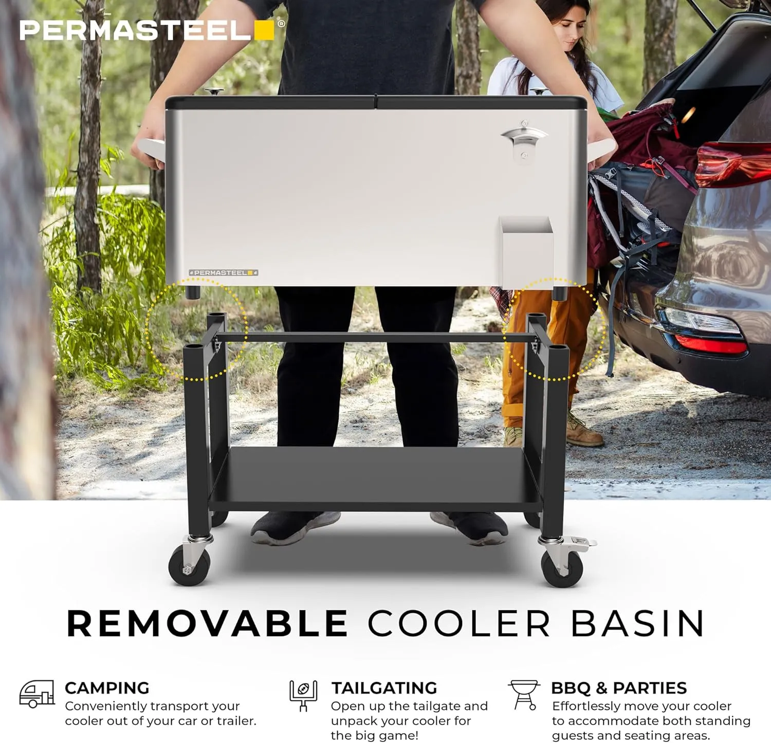 Permasteel 80-Qt Outdoor Patio Cooler with Removable Basin, Outside Beverage Cooler Cart, Rolling Cooler with Wheels and Handles, Stainless Steel