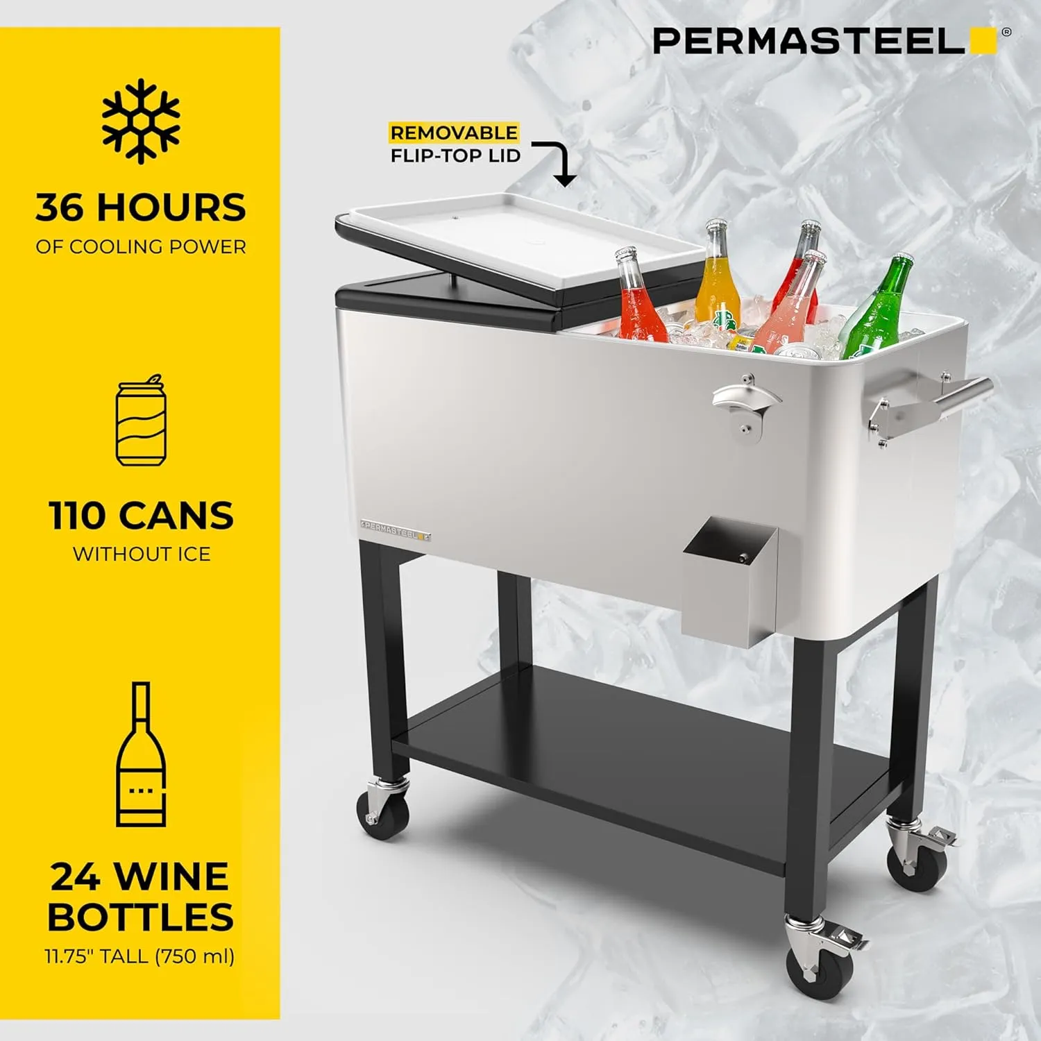 Permasteel 80-Qt Outdoor Patio Cooler with Removable Basin, Outside Beverage Cooler Cart, Rolling Cooler with Wheels and Handles, Stainless Steel