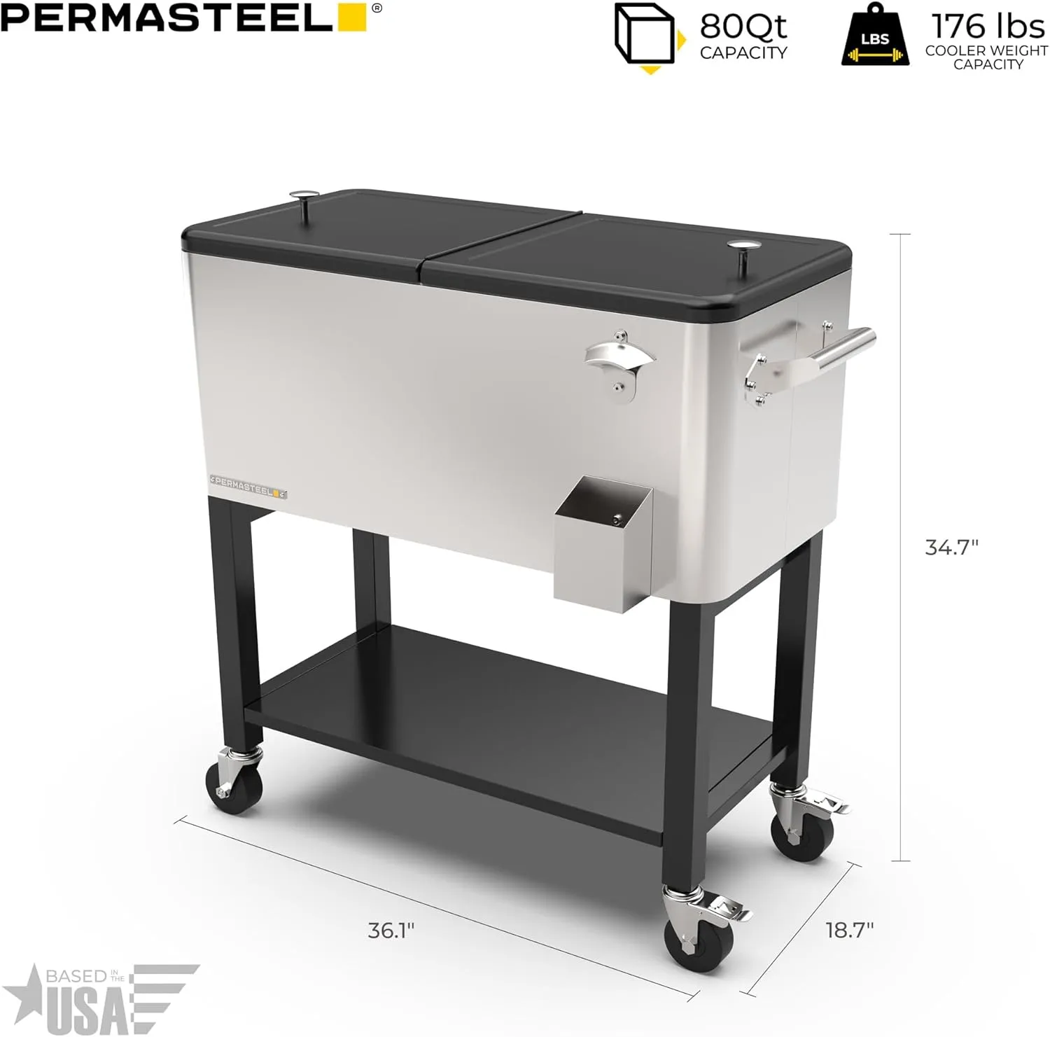 Permasteel 80-Qt Outdoor Patio Cooler with Removable Basin, Outside Beverage Cooler Cart, Rolling Cooler with Wheels and Handles, Stainless Steel