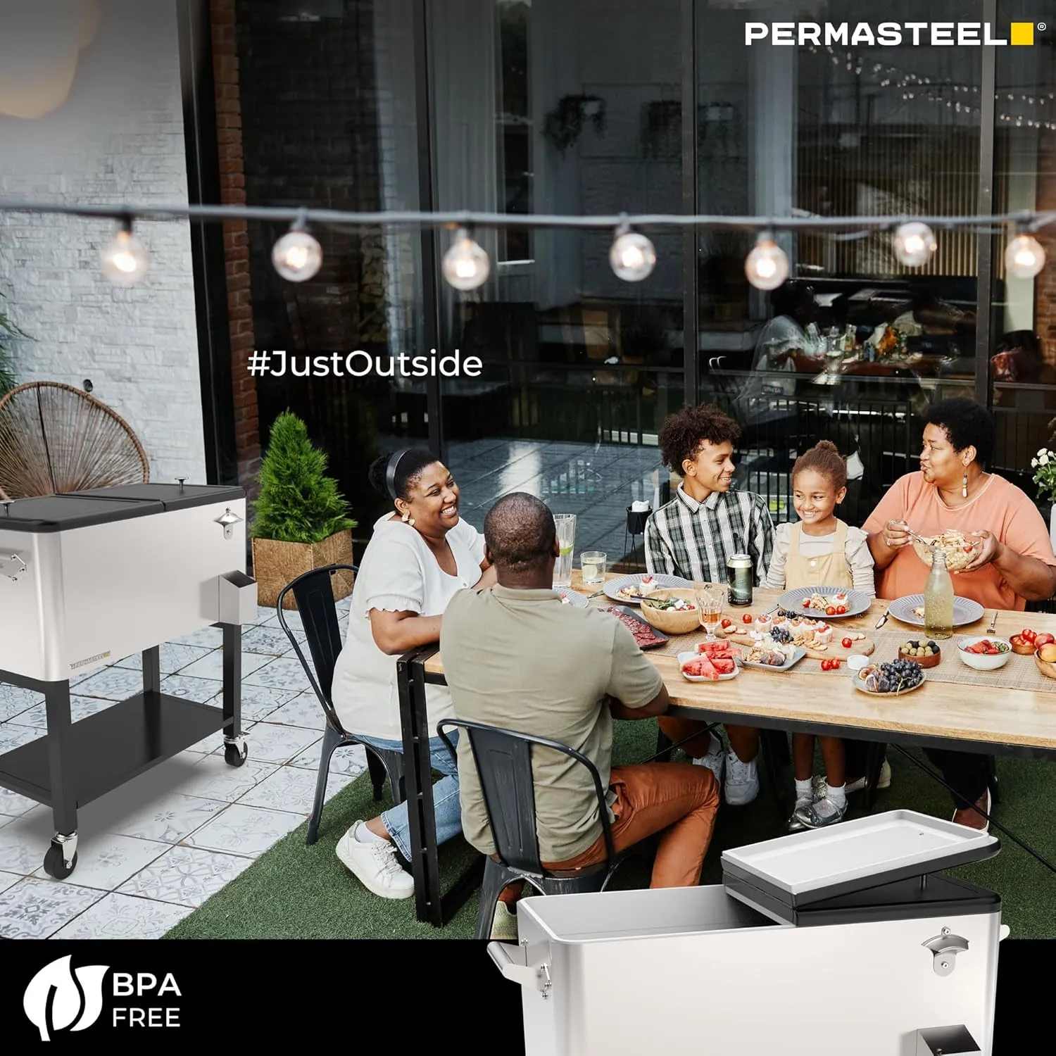 Permasteel 80-Qt Outdoor Patio Cooler with Removable Basin, Outside Beverage Cooler Cart, Rolling Cooler with Wheels and Handles, Stainless Steel