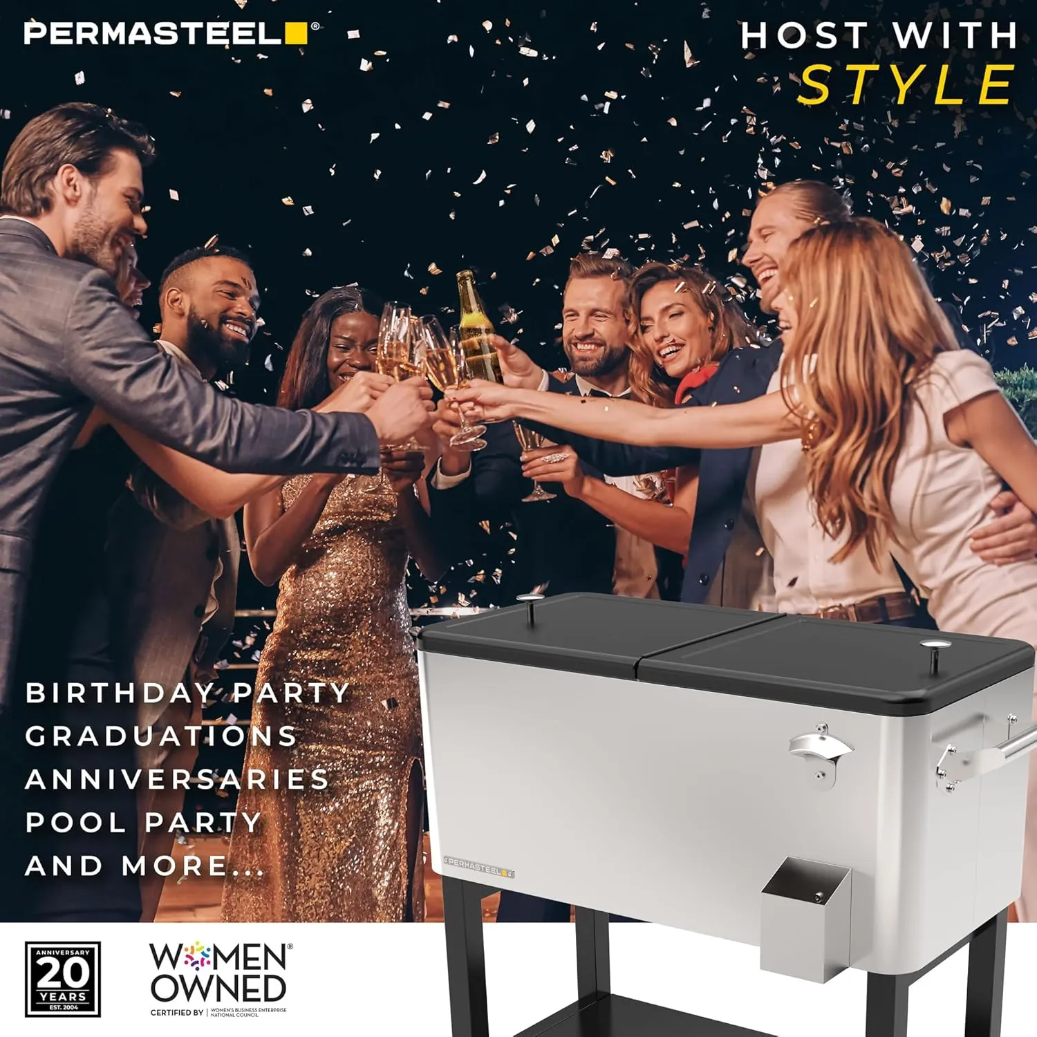 Permasteel 80-Qt Outdoor Patio Cooler with Removable Basin, Outside Beverage Cooler Cart, Rolling Cooler with Wheels and Handles, Stainless Steel