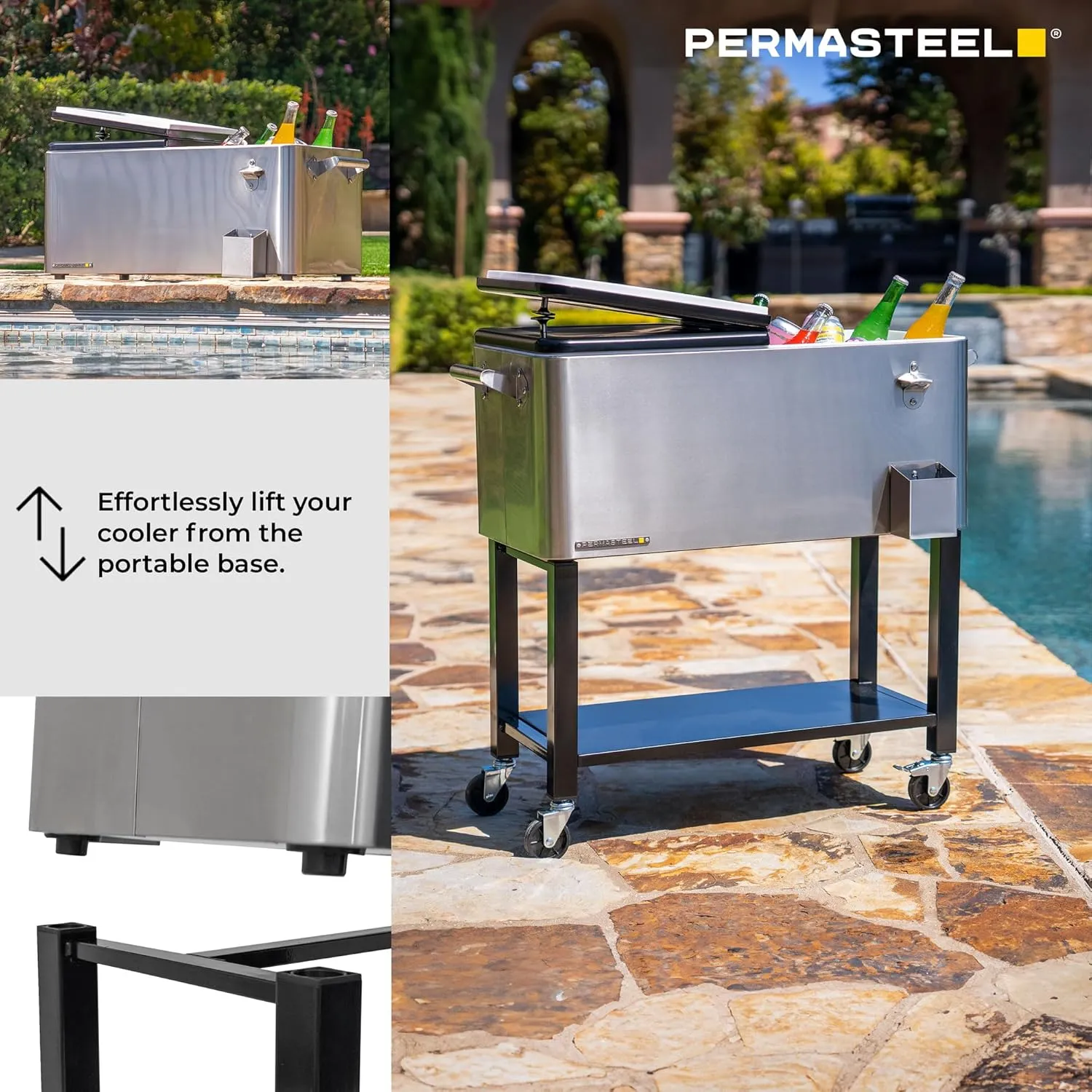 Permasteel 80-Qt Outdoor Patio Cooler with Removable Basin, Outside Beverage Cooler Cart, Rolling Cooler with Wheels and Handles, Stainless Steel