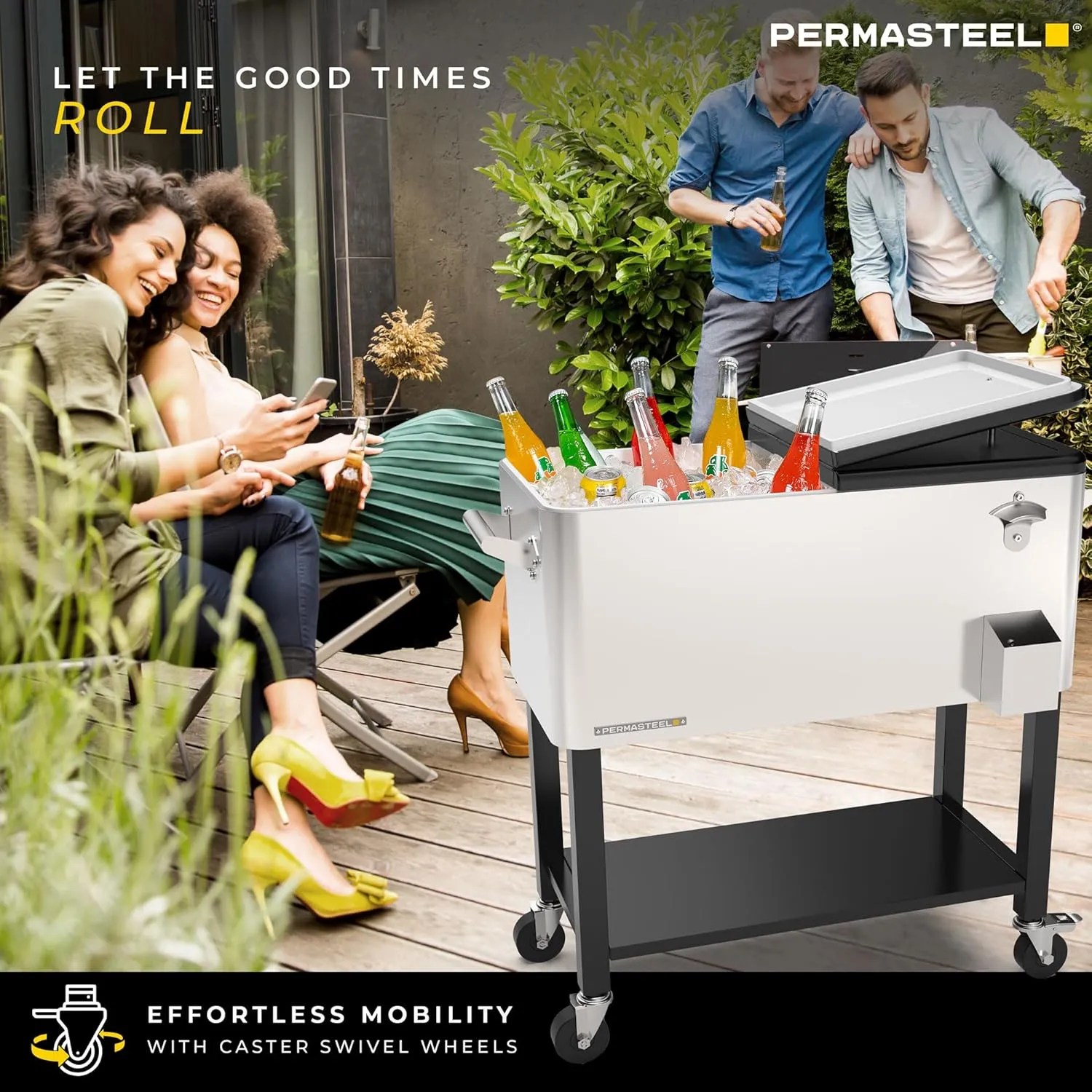 Permasteel 80-Qt Outdoor Patio Cooler with Removable Basin, Outside Beverage Cooler Cart, Rolling Cooler with Wheels and Handles, Stainless Steel