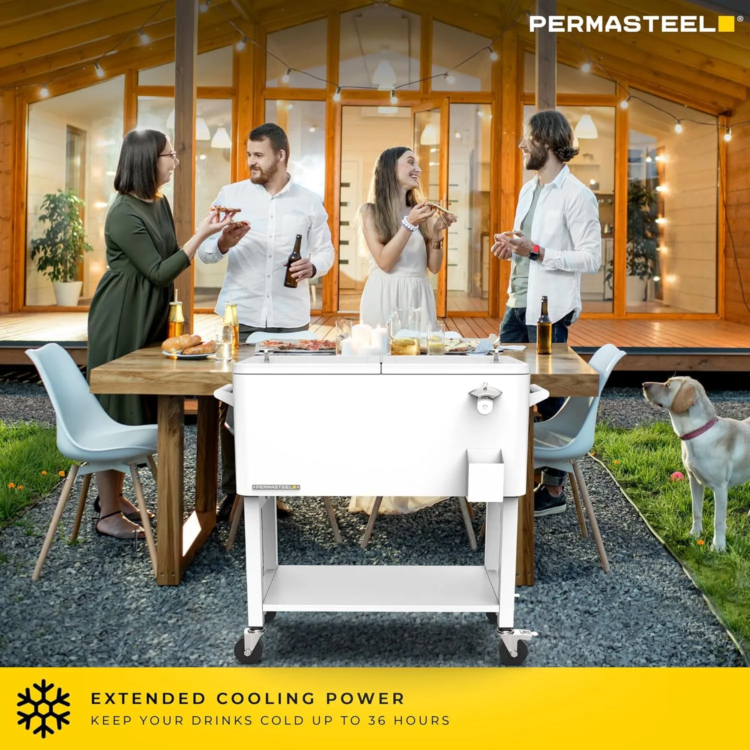 Permasteel 80-Qt Outdoor Patio Cooler with Removable Basin, Outside Beverage Cooler Cart, Rolling Cooler with Wheels and Handles, White