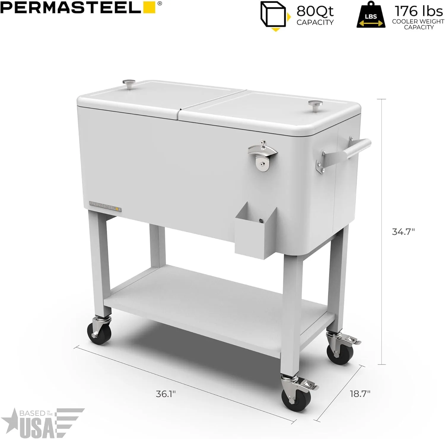 Permasteel 80-Qt Outdoor Patio Cooler with Removable Basin, Outside Beverage Cooler Cart, Rolling Cooler with Wheels and Handles, White