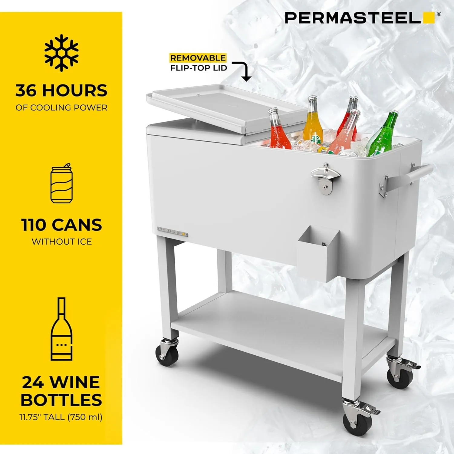 Permasteel 80-Qt Outdoor Patio Cooler with Removable Basin, Outside Beverage Cooler Cart, Rolling Cooler with Wheels and Handles, White