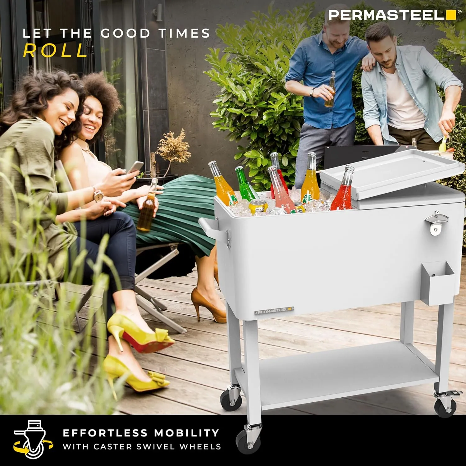 Permasteel 80-Qt Outdoor Patio Cooler with Removable Basin, Outside Beverage Cooler Cart, Rolling Cooler with Wheels and Handles, White