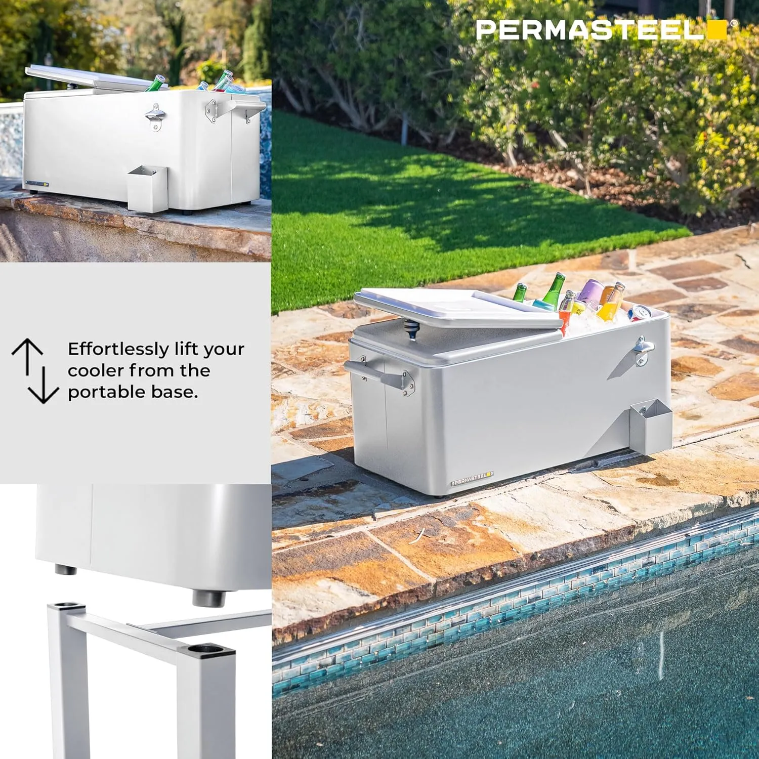 Permasteel 80-Qt Outdoor Patio Cooler with Removable Basin, Outside Beverage Cooler Cart, Rolling Cooler with Wheels and Handles, White