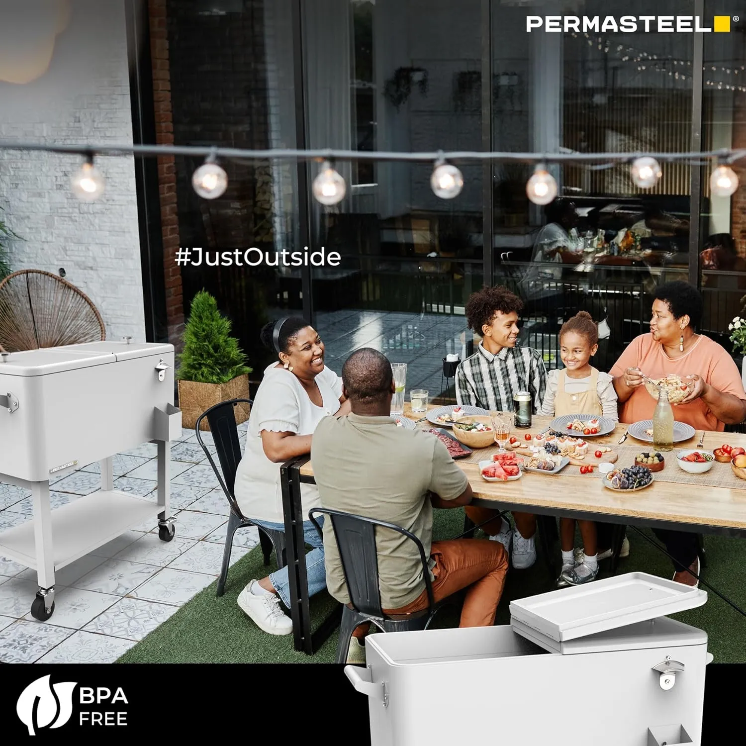 Permasteel 80-Qt Outdoor Patio Cooler with Removable Basin, Outside Beverage Cooler Cart, Rolling Cooler with Wheels and Handles, White