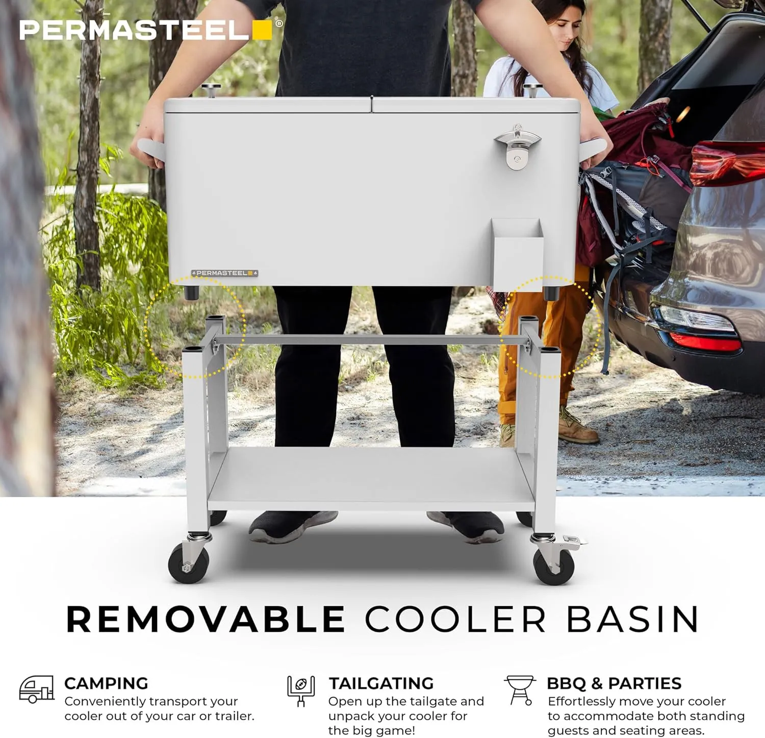 Permasteel 80-Qt Outdoor Patio Cooler with Removable Basin, Outside Beverage Cooler Cart, Rolling Cooler with Wheels and Handles, White