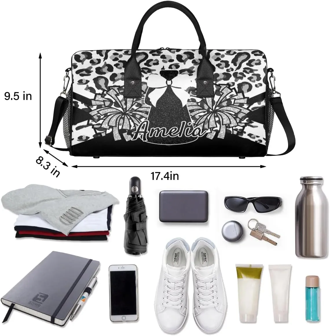 Personalized Gym Bag Cheer Sports Duffle Bag with Name Waterproof Foldable Cheerleaders Weekender Overnight Travel Bag for Women Black White Leopard