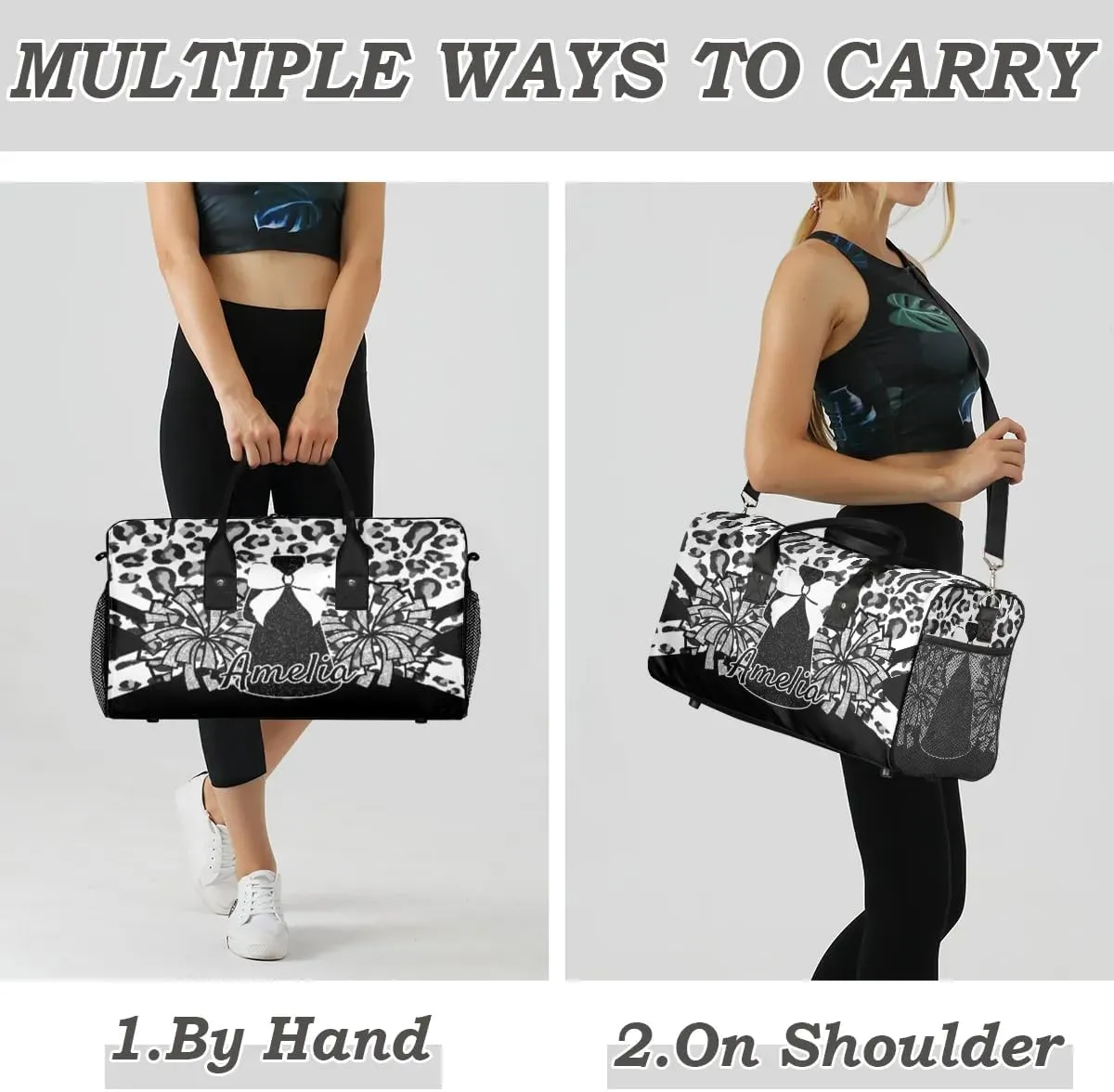 Personalized Gym Bag Cheer Sports Duffle Bag with Name Waterproof Foldable Cheerleaders Weekender Overnight Travel Bag for Women Black White Leopard