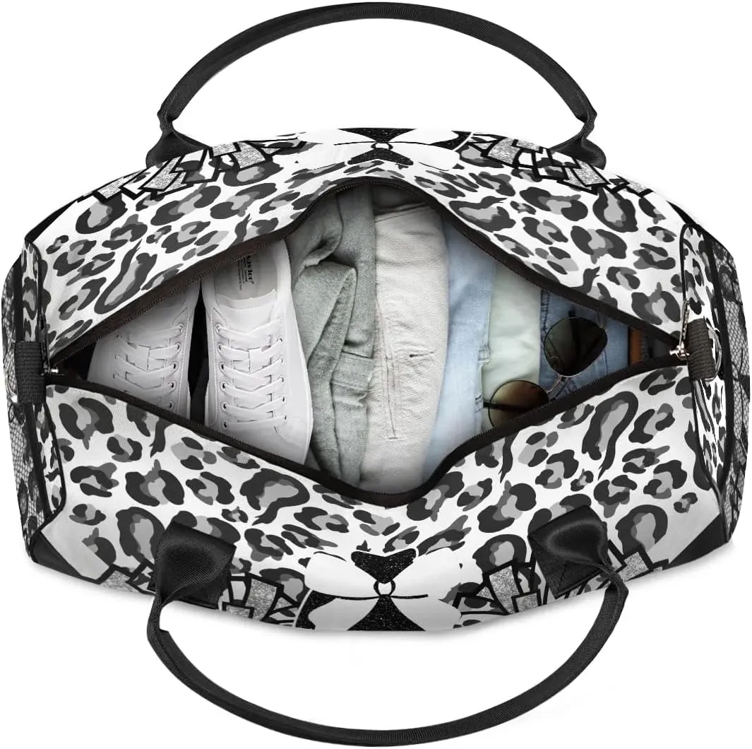 Personalized Gym Bag Cheer Sports Duffle Bag with Name Waterproof Foldable Cheerleaders Weekender Overnight Travel Bag for Women Black White Leopard