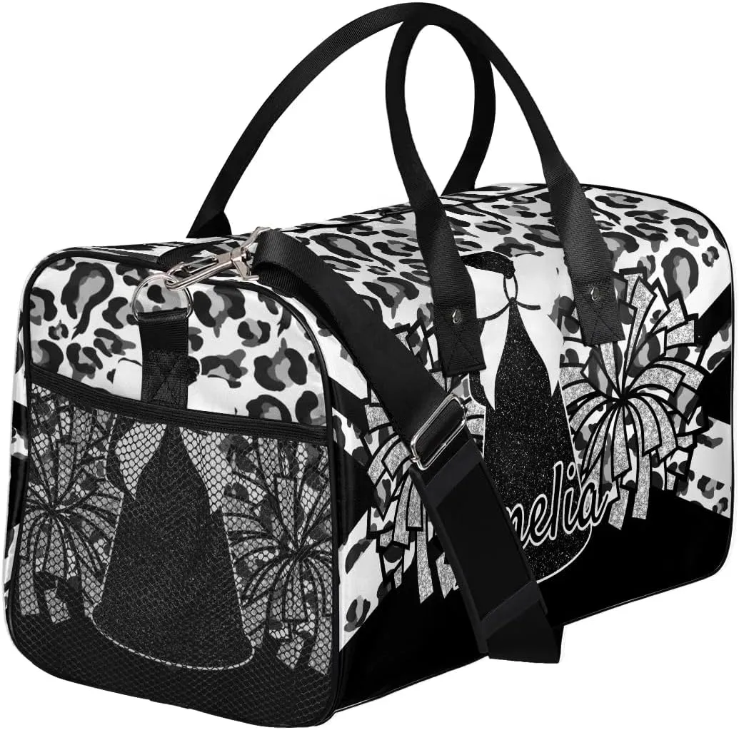 Personalized Gym Bag Cheer Sports Duffle Bag with Name Waterproof Foldable Cheerleaders Weekender Overnight Travel Bag for Women Black White Leopard