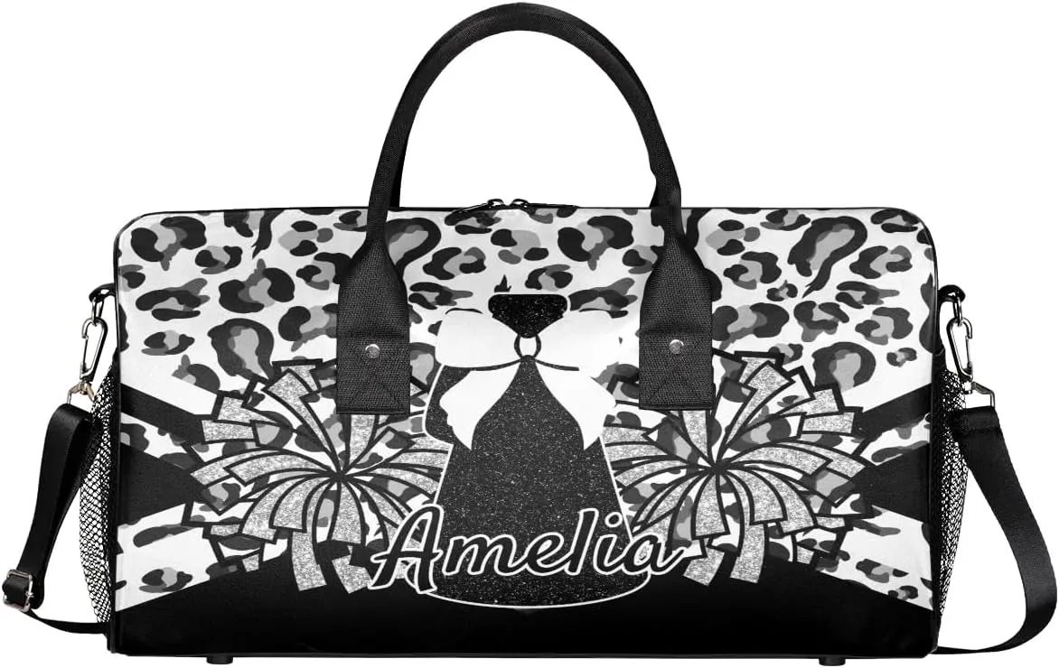 Personalized Gym Bag Cheer Sports Duffle Bag with Name Waterproof Foldable Cheerleaders Weekender Overnight Travel Bag for Women Black White Leopard