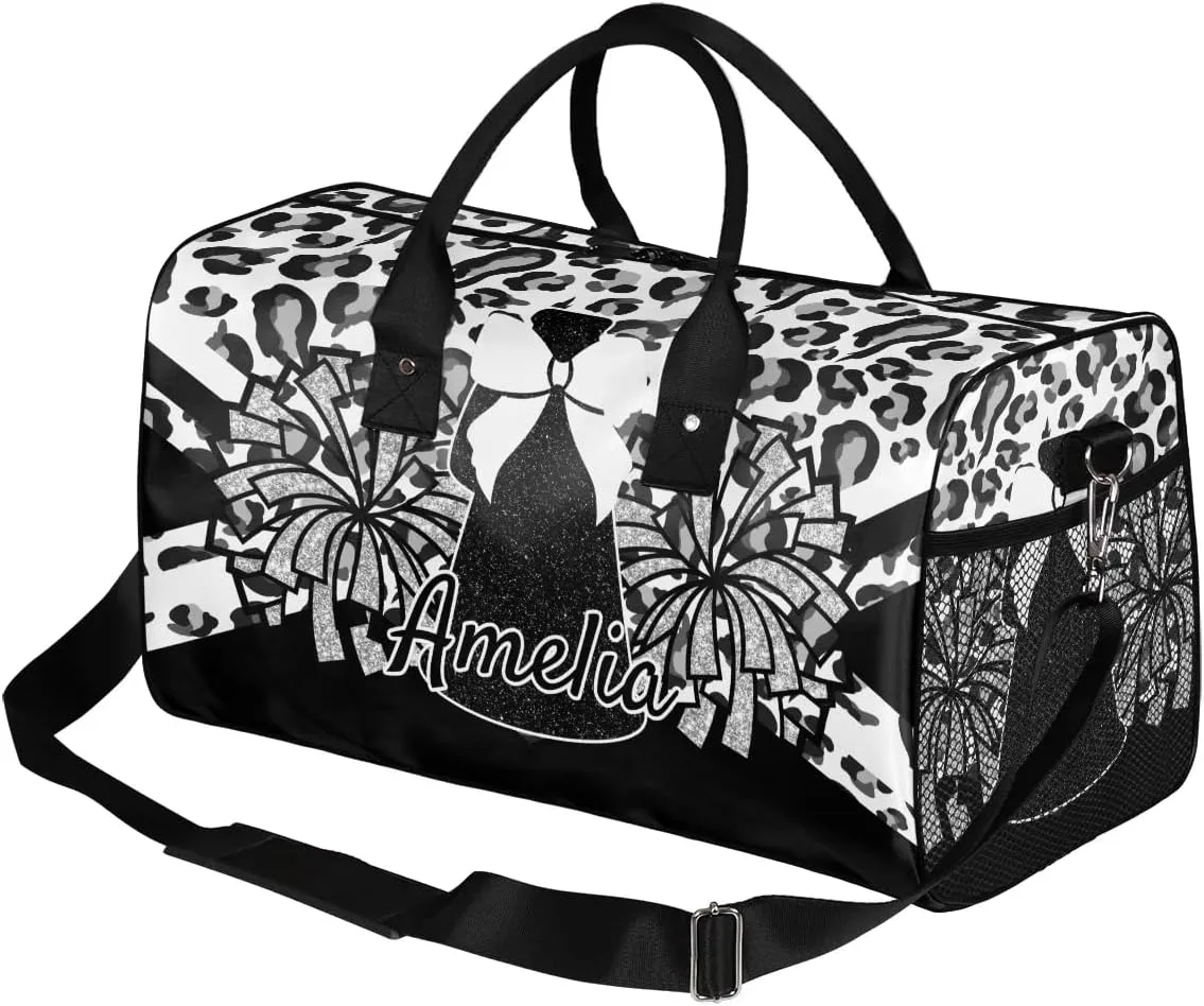 Personalized Gym Bag Cheer Sports Duffle Bag with Name Waterproof Foldable Cheerleaders Weekender Overnight Travel Bag for Women Black White Leopard