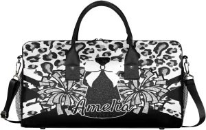 Personalized Gym Bag Cheer Sports Duffle Bag with Name Waterproof Foldable Cheerleaders Weekender Overnight Travel Bag for Women Black White Leopard