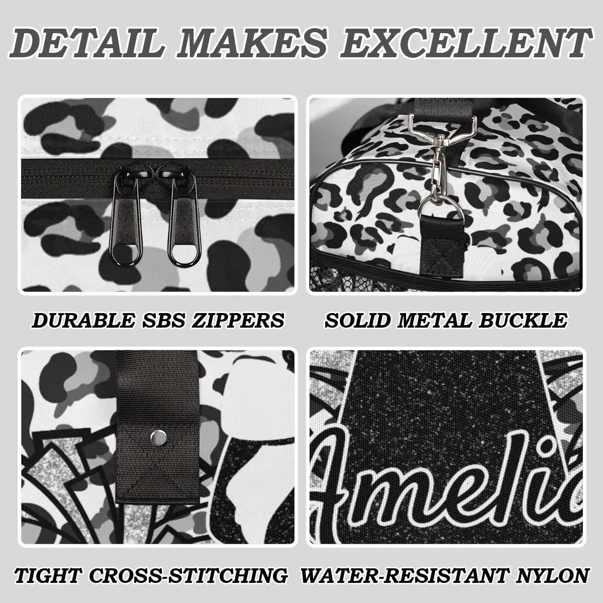 Personalized Gym Bag Cheer Sports Duffle Bag with Name Waterproof Foldable Cheerleaders Weekender Overnight Travel Bag for Women Black White Leopard