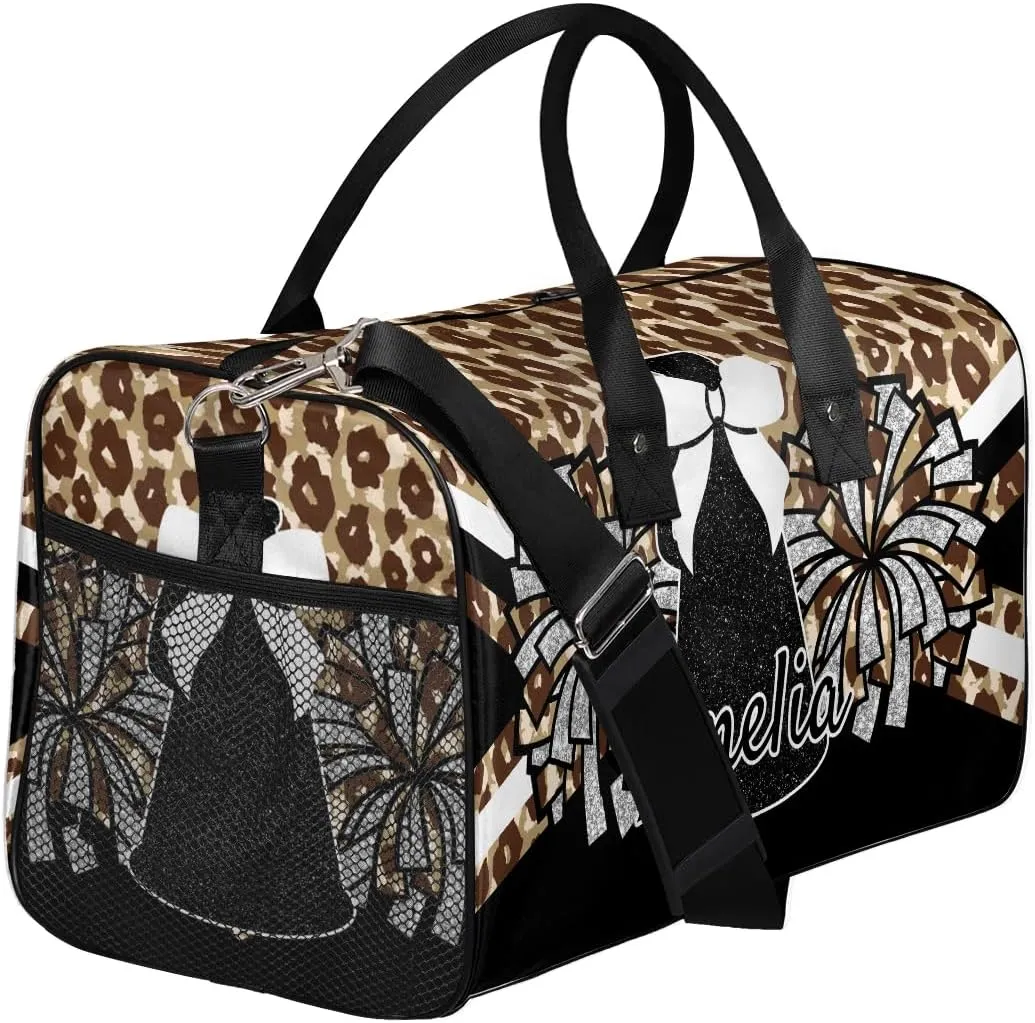 Personalized Gym Bag Cheer Sports Duffle Bag with Name Waterproof Foldable Cheerleaders Weekender Overnight Travel Bag for Women Brown