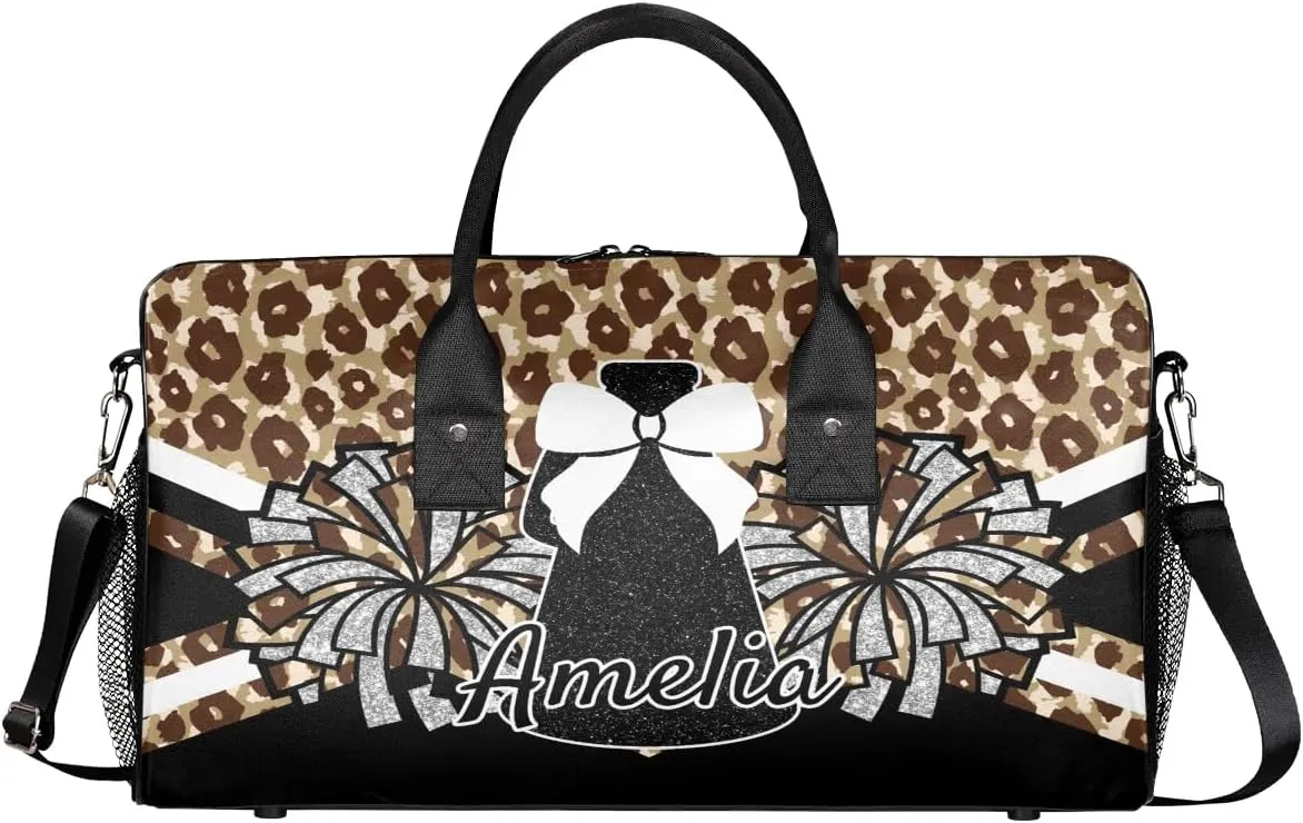 Personalized Gym Bag Cheer Sports Duffle Bag with Name Waterproof Foldable Cheerleaders Weekender Overnight Travel Bag for Women Brown