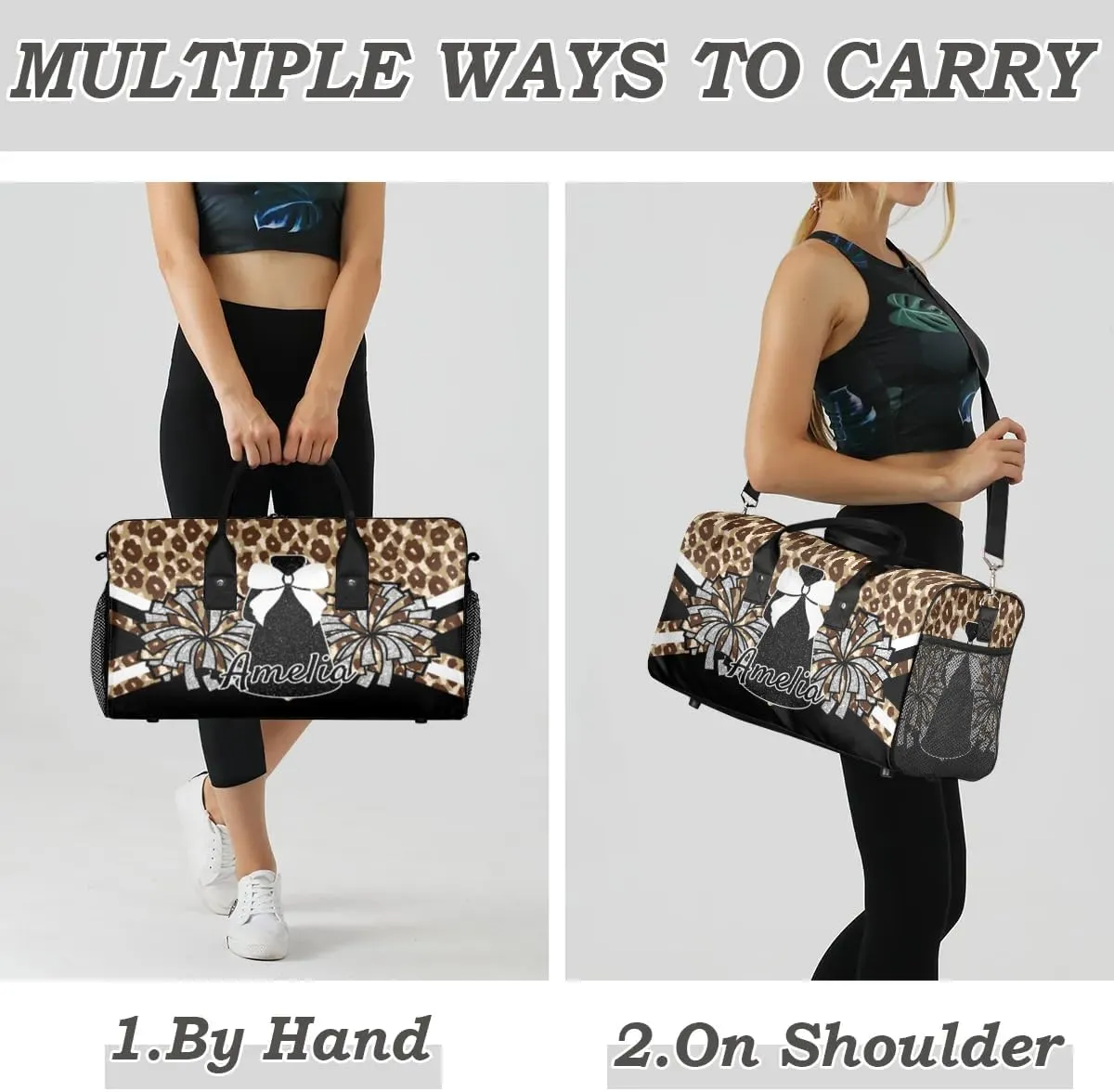 Personalized Gym Bag Cheer Sports Duffle Bag with Name Waterproof Foldable Cheerleaders Weekender Overnight Travel Bag for Women Brown