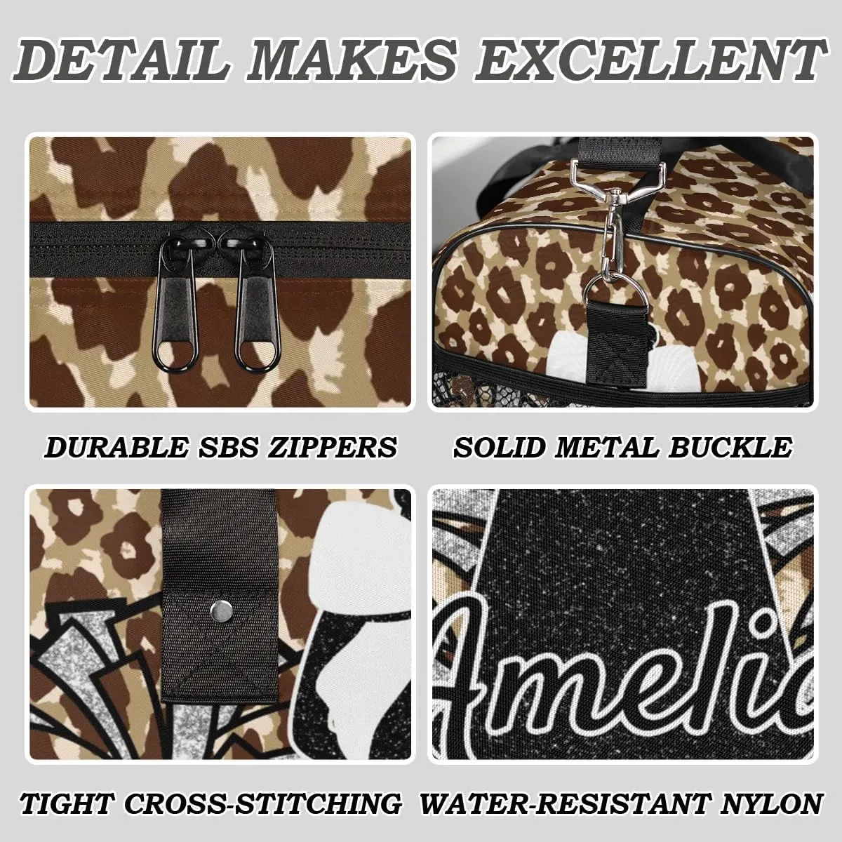 Personalized Gym Bag Cheer Sports Duffle Bag with Name Waterproof Foldable Cheerleaders Weekender Overnight Travel Bag for Women Brown