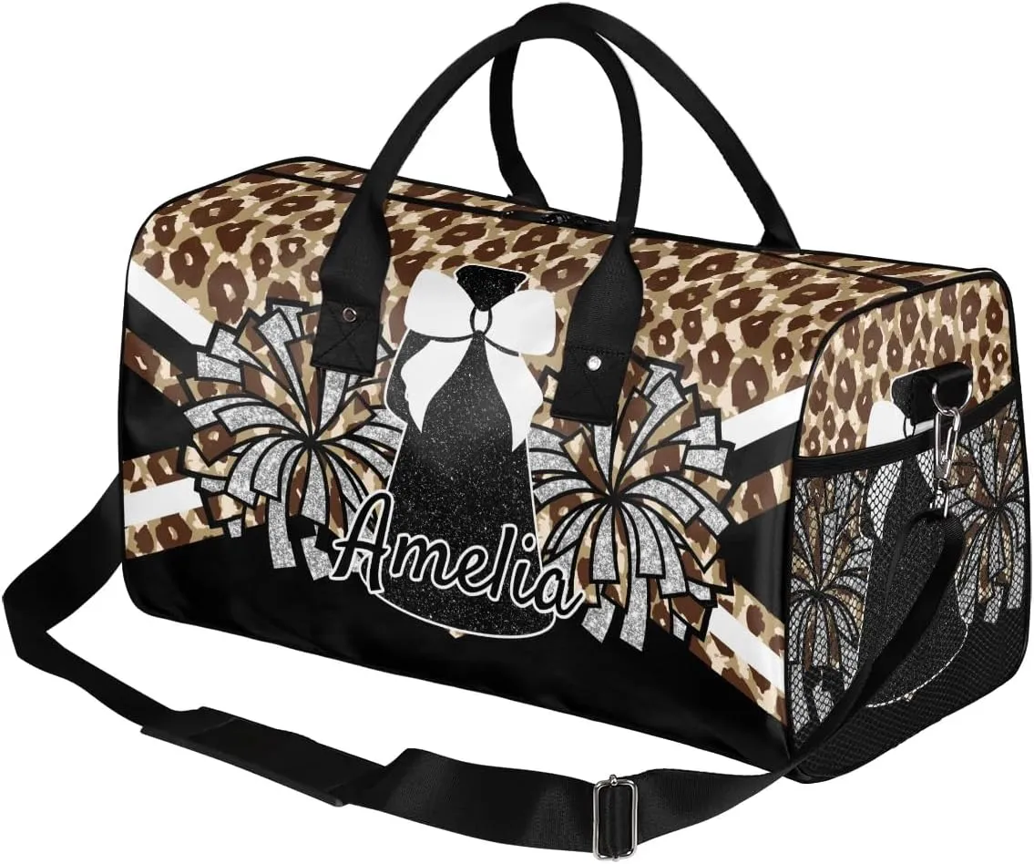 Personalized Gym Bag Cheer Sports Duffle Bag with Name Waterproof Foldable Cheerleaders Weekender Overnight Travel Bag for Women Brown