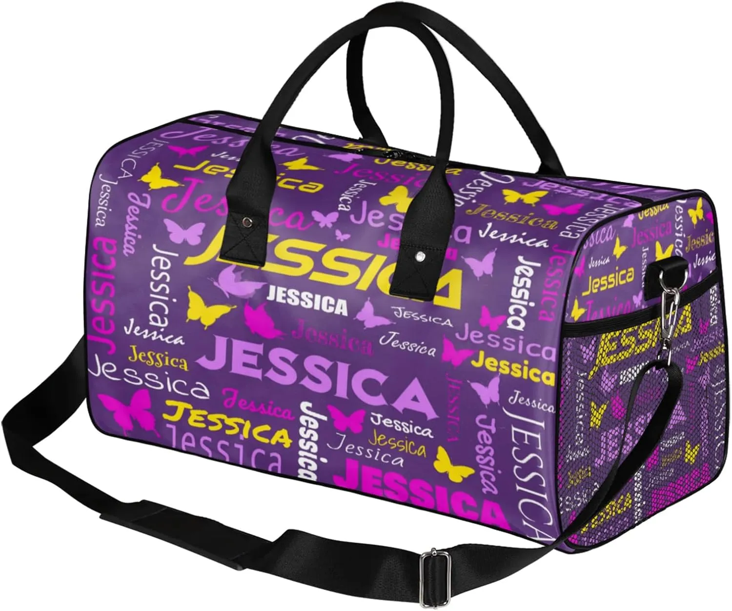 Personalized Sport Duffel Bag with Name, Colorful Butterflies Design Custom Weekender Bag Sleepover Bags for Dance Ballet Gymnastics, Deep Purple