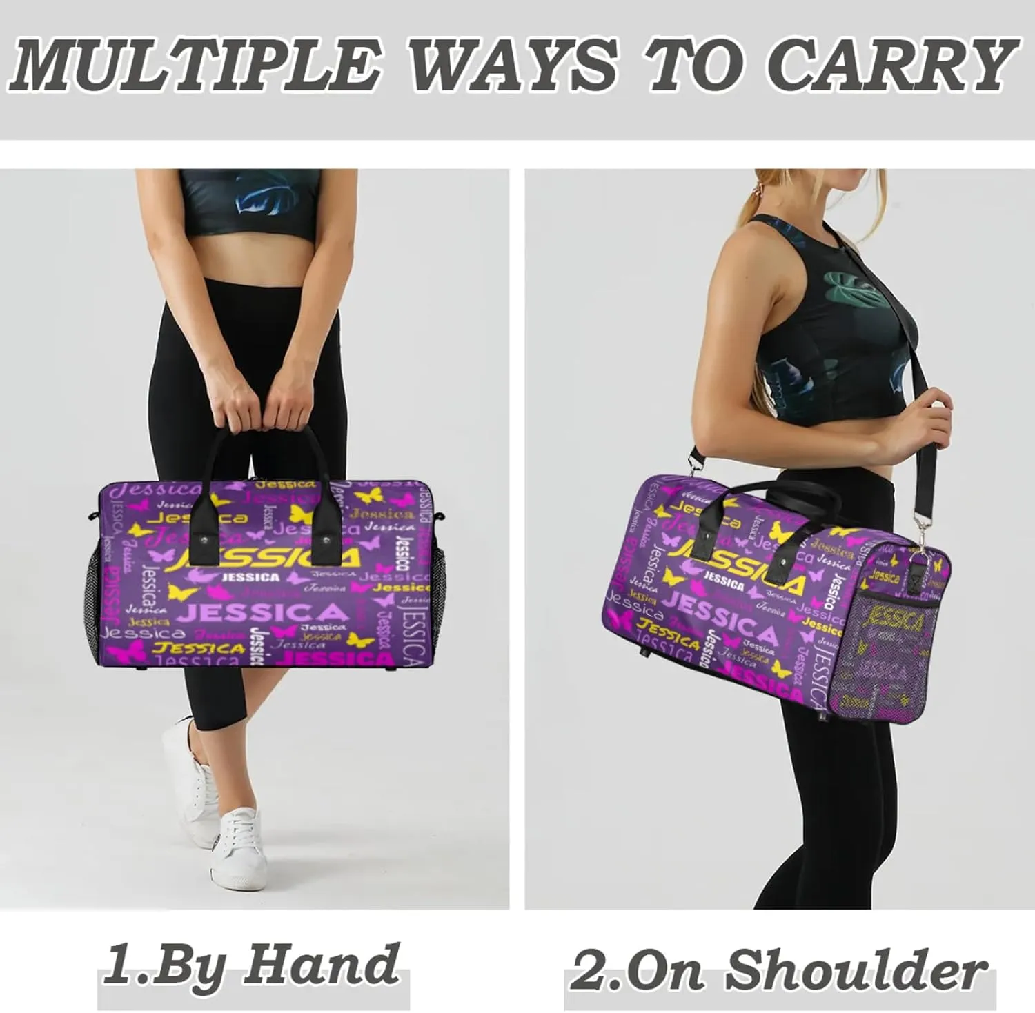 Personalized Sport Duffel Bag with Name, Colorful Butterflies Design Custom Weekender Bag Sleepover Bags for Dance Ballet Gymnastics, Deep Purple