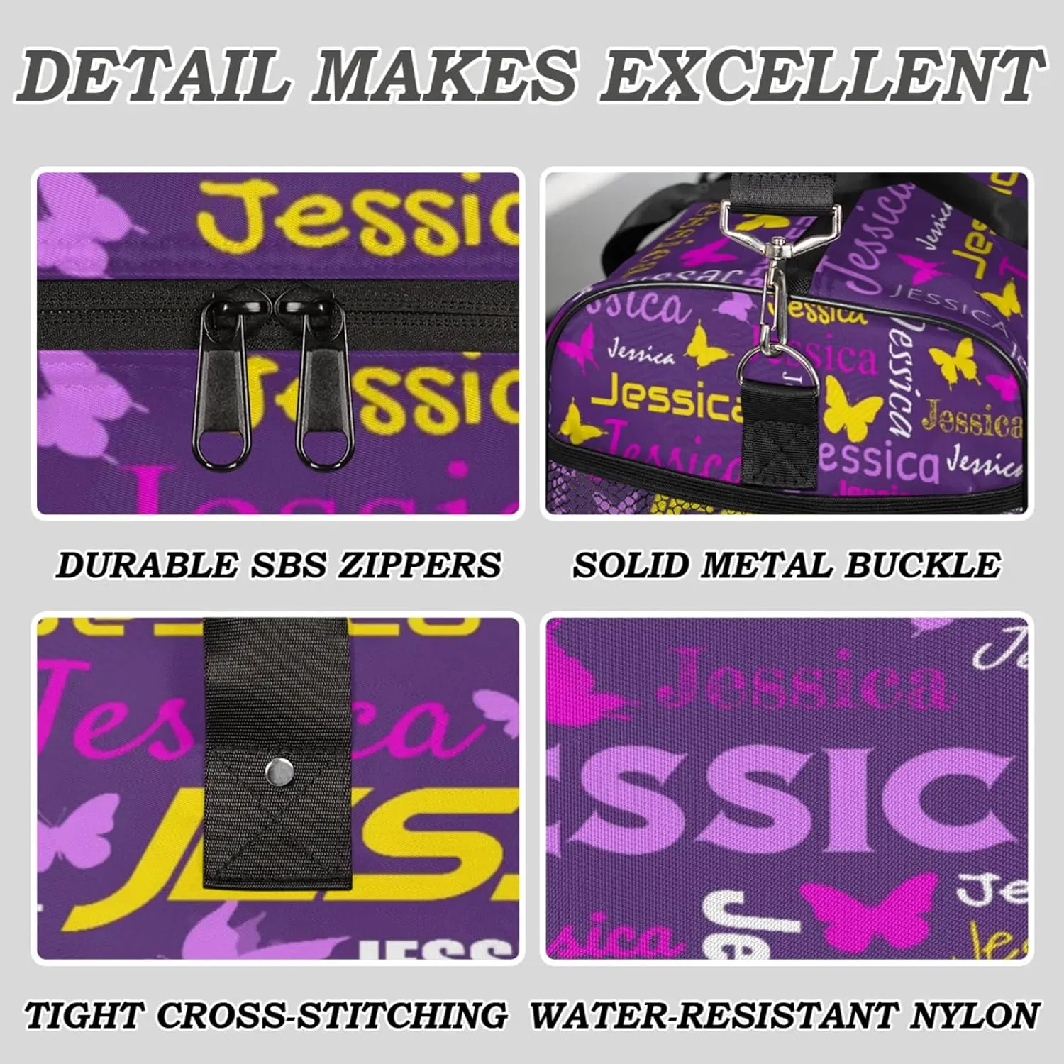 Personalized Sport Duffel Bag with Name, Colorful Butterflies Design Custom Weekender Bag Sleepover Bags for Dance Ballet Gymnastics, Deep Purple