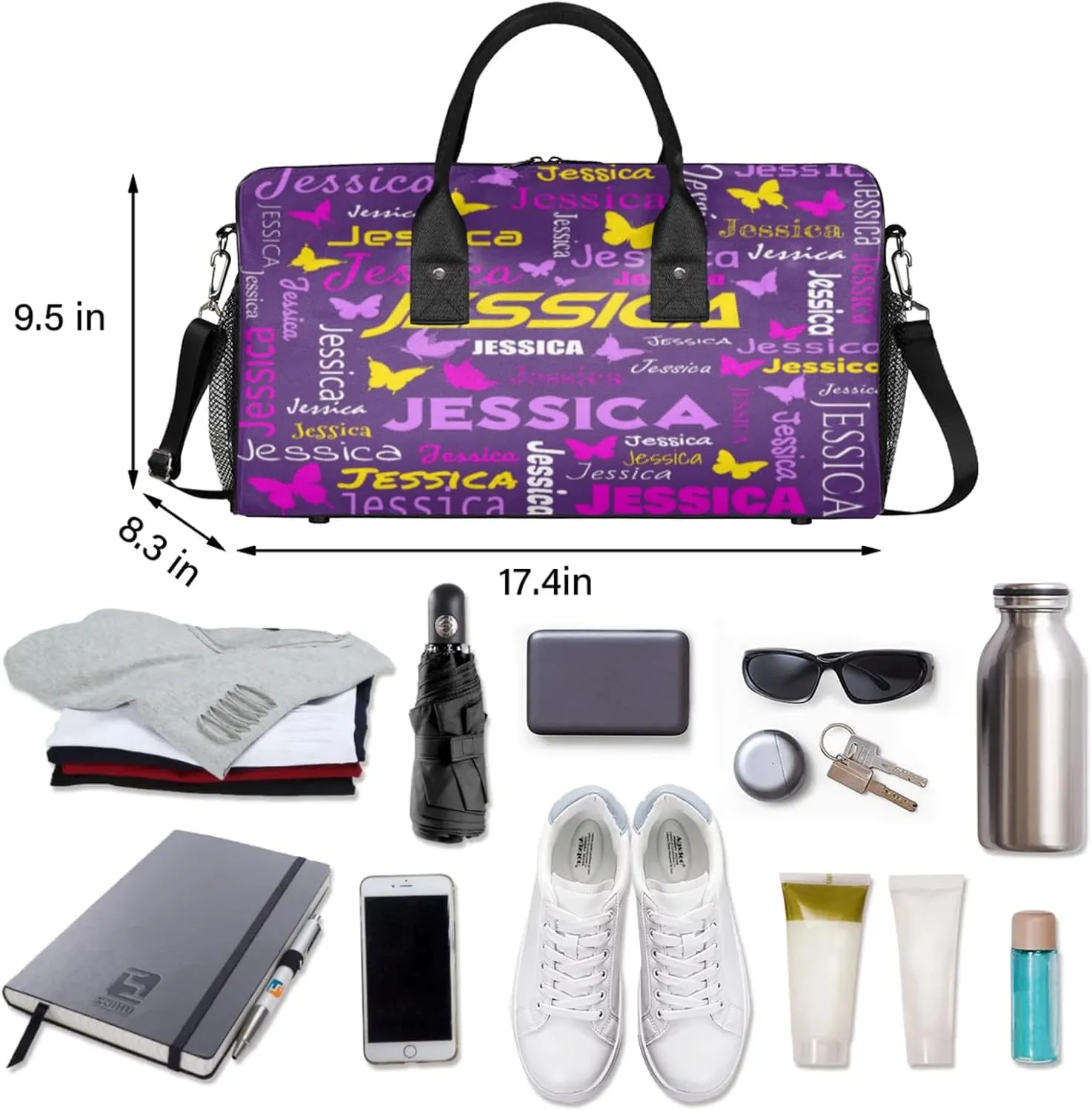 Personalized Sport Duffel Bag with Name, Colorful Butterflies Design Custom Weekender Bag Sleepover Bags for Dance Ballet Gymnastics, Deep Purple