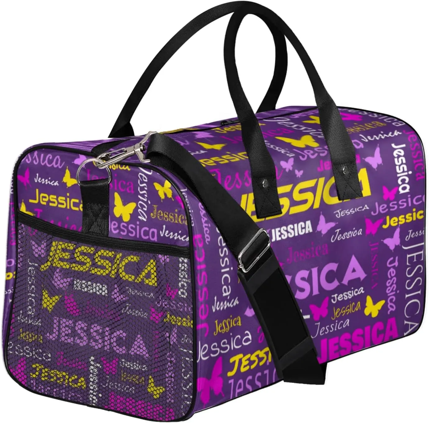 Personalized Sport Duffel Bag with Name, Colorful Butterflies Design Custom Weekender Bag Sleepover Bags for Dance Ballet Gymnastics, Deep Purple