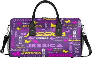 Personalized Sport Duffel Bag with Name, Colorful Butterflies Design Custom Weekender Bag Sleepover Bags for Dance Ballet Gymnastics, Deep Purple