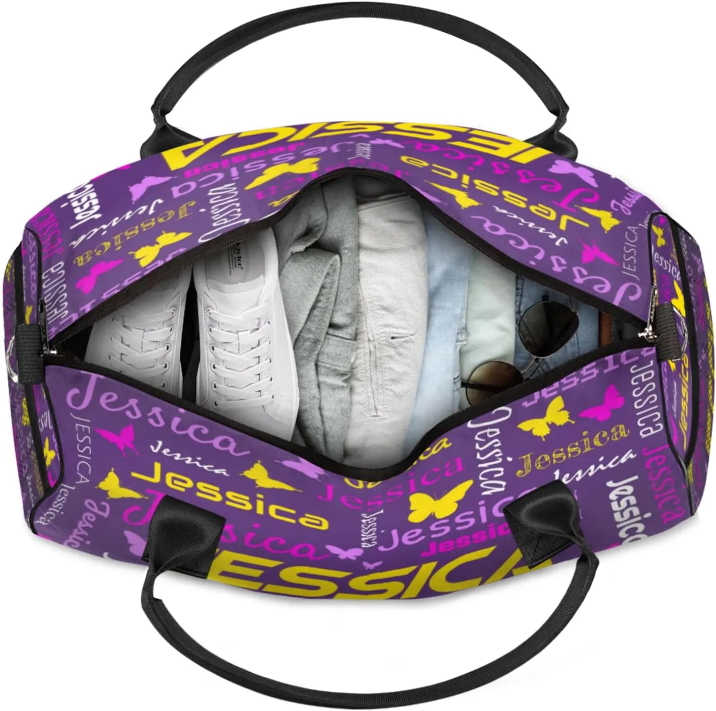 Personalized Sport Duffel Bag with Name, Colorful Butterflies Design Custom Weekender Bag Sleepover Bags for Dance Ballet Gymnastics, Deep Purple
