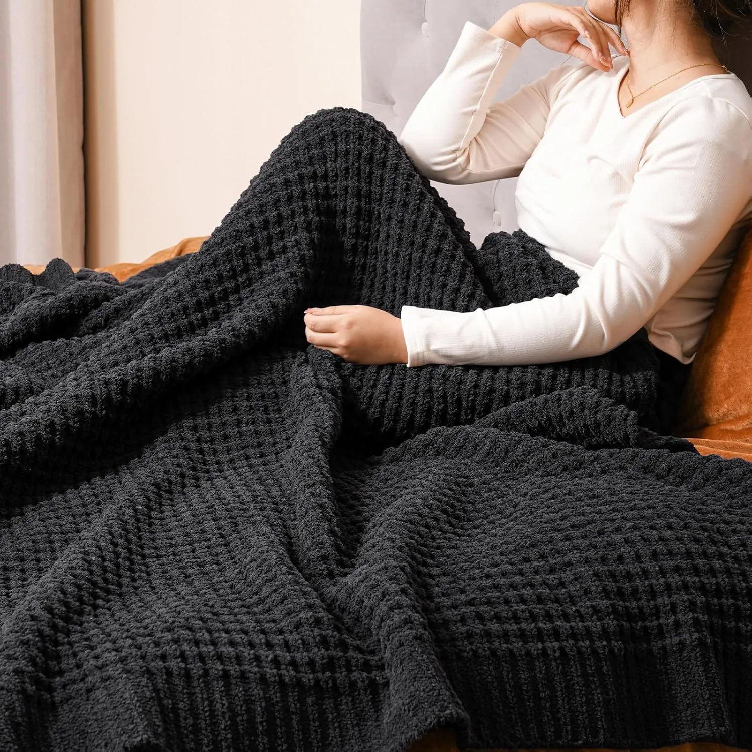 PHF Chenille Waffle Knit Blanket Twin Size- Plush Warm & Cozy 60" x 80" Ultra Soft Blanket- Chunky Fluffy Waffle Bedding for Home Decor - Charcoal Grey